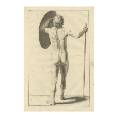 Male Nude Seen from Behind with Shield and Staff after de Lairesse, c1745