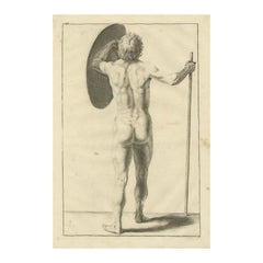 Desnudo masculino visto de espaldas con escudo y bastón según de Lairesse, c1745