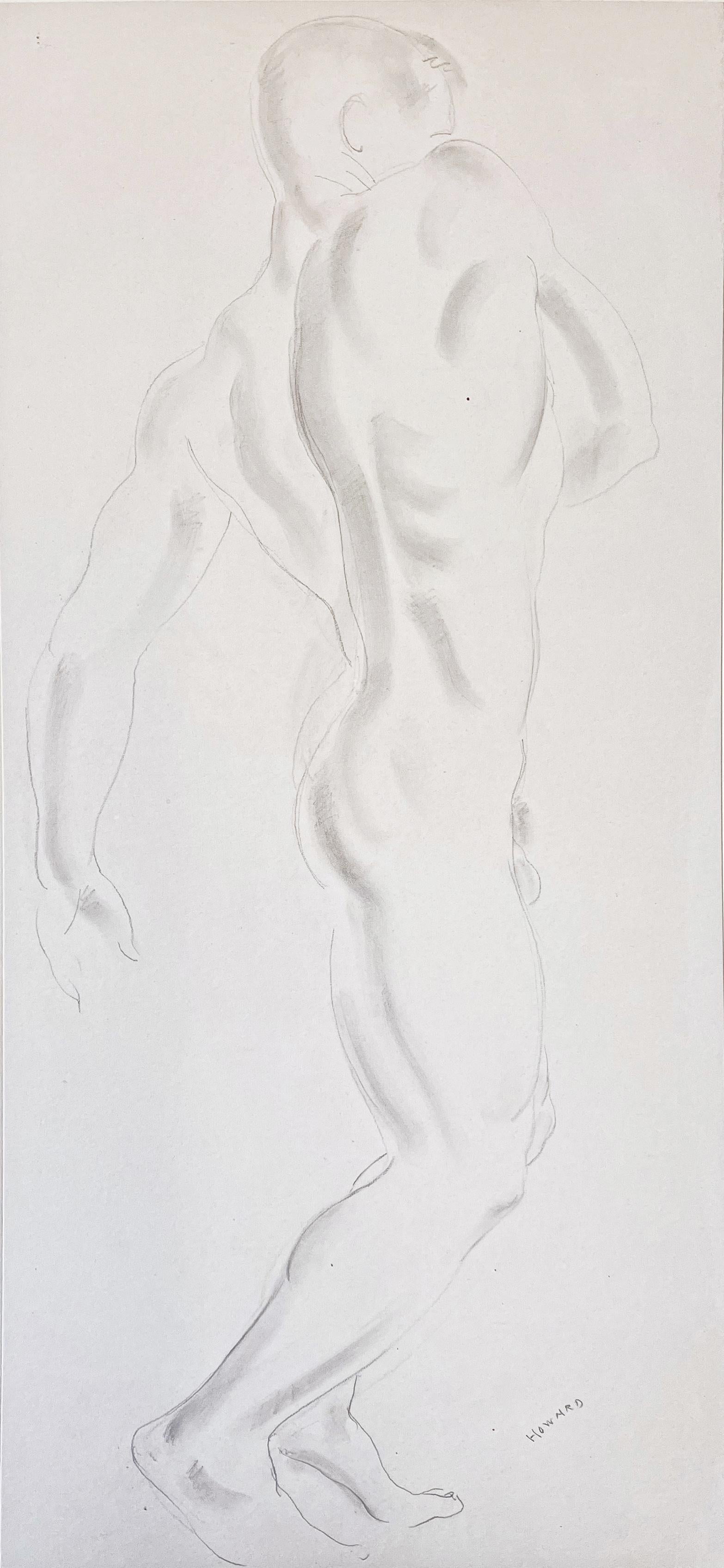Exquisitely drawn in pencil and a feather light ink wash, creating a pale, ghostly image that is refined and haunting, this full length view of a male nude from the side was accomplished by Cecil de Blaquiere Howard, the extraordinarily accomplished