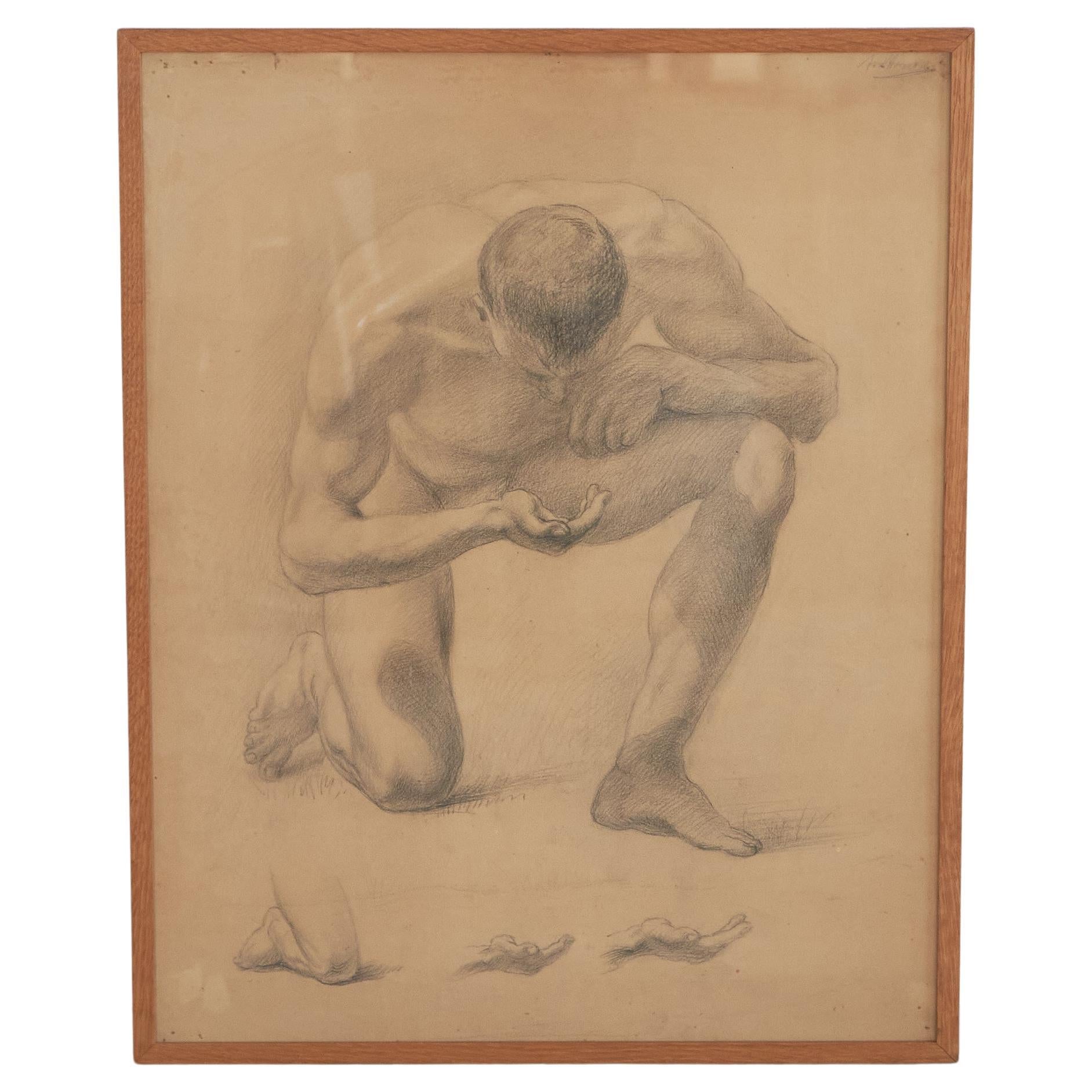 Étude de nu masculin au crayon, années 1940 en vente