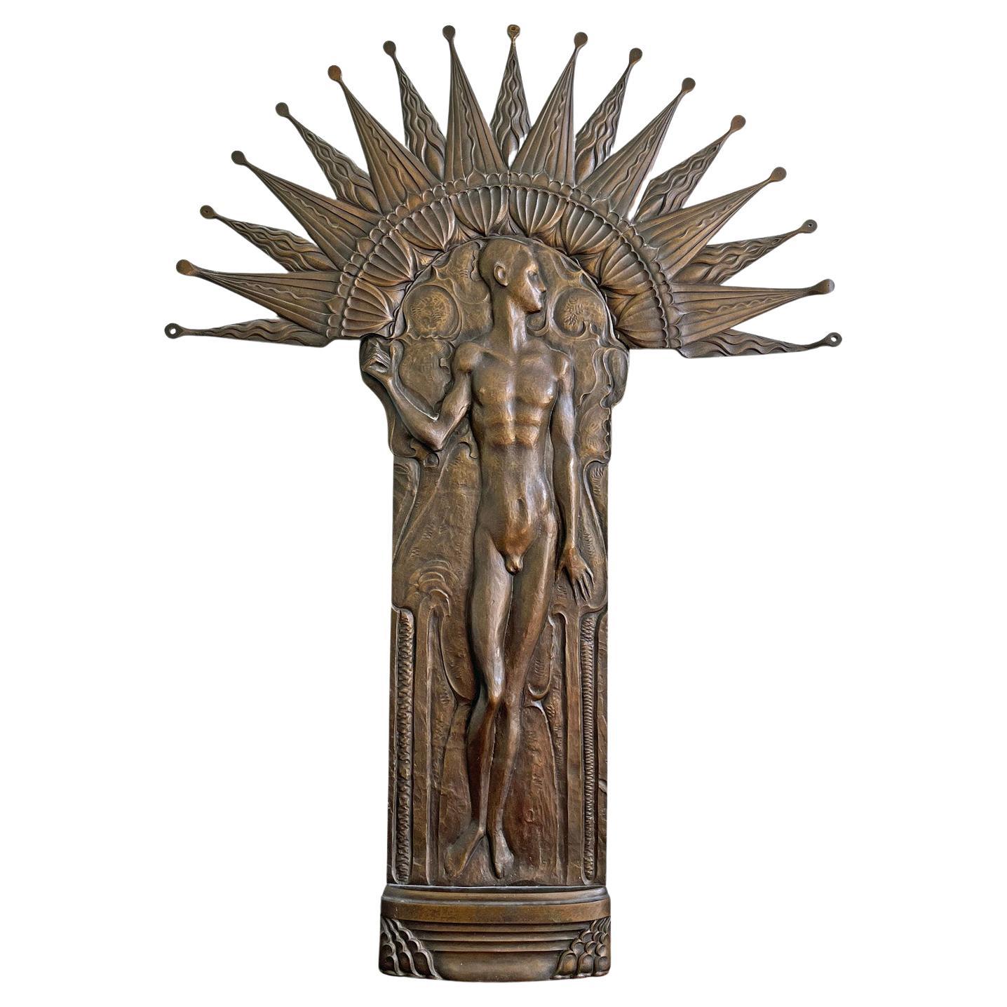 "Male Nude w/ Aureole, " Bronze Relief Sculpture, Art Nouveau/Symbolist Influence For Sale