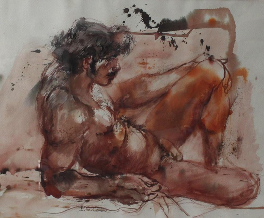 Modern Male Nude Watercolor on Paper