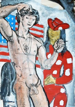 "Desnudo masculino con bandera estadounidense", pintura monumental del diseñador de Broadway