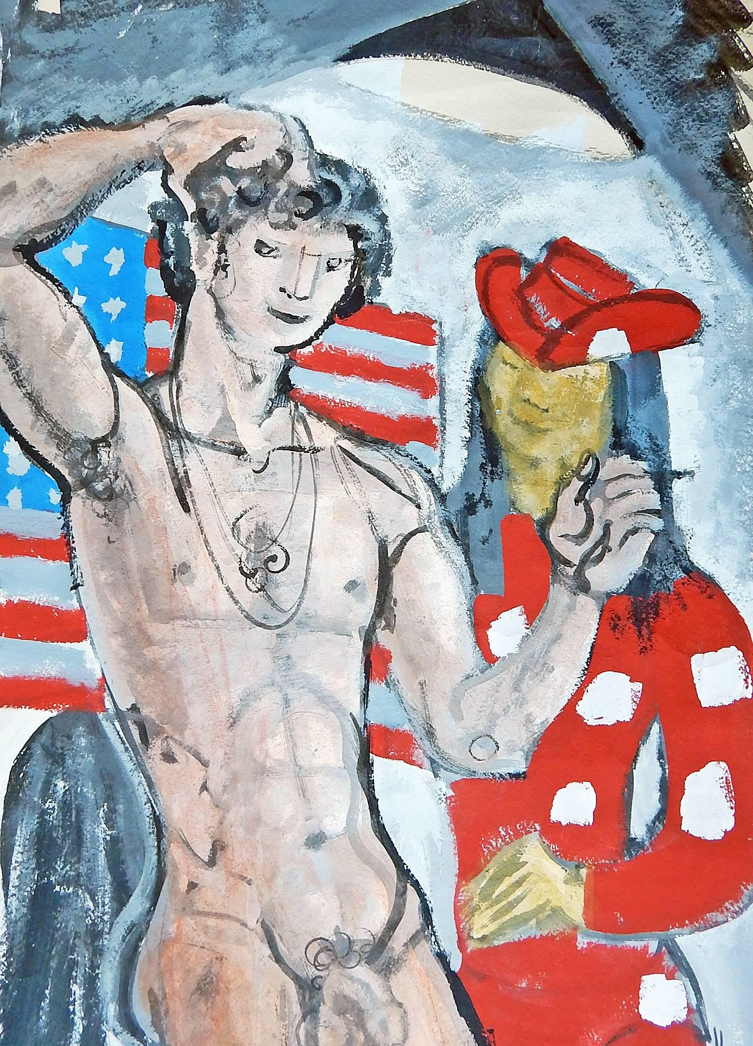 Art déco Peinture monumentale du designer de Broadway « Minor Nude with American Flag » (Un nu avec le drapeau américain) en vente