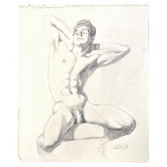"Male Nude with Upraised Arms", Mid Century Drawing by Swedish Artist