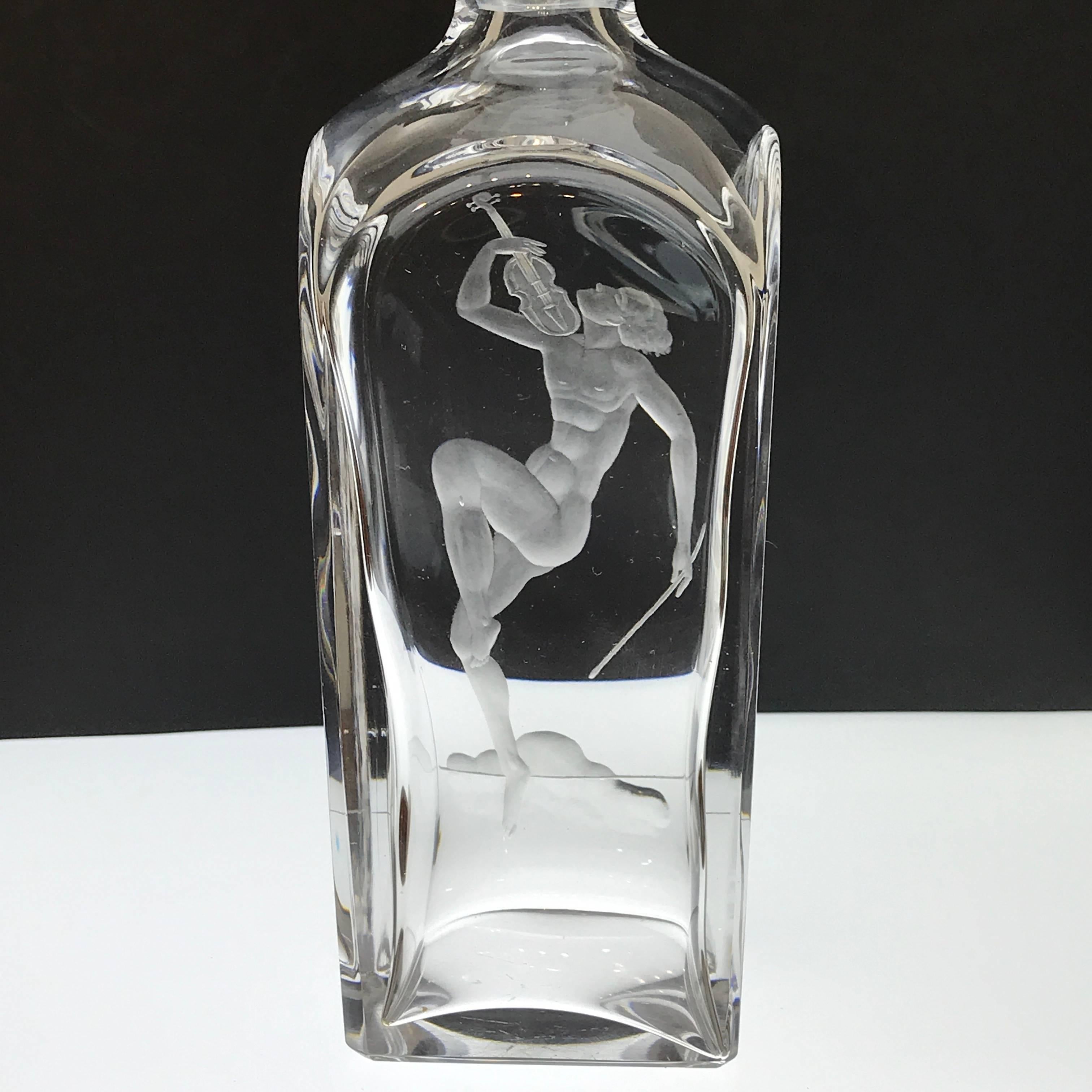 Engraved Male Nude with Violin Decanter, in the Style of Vicke Lindstrand