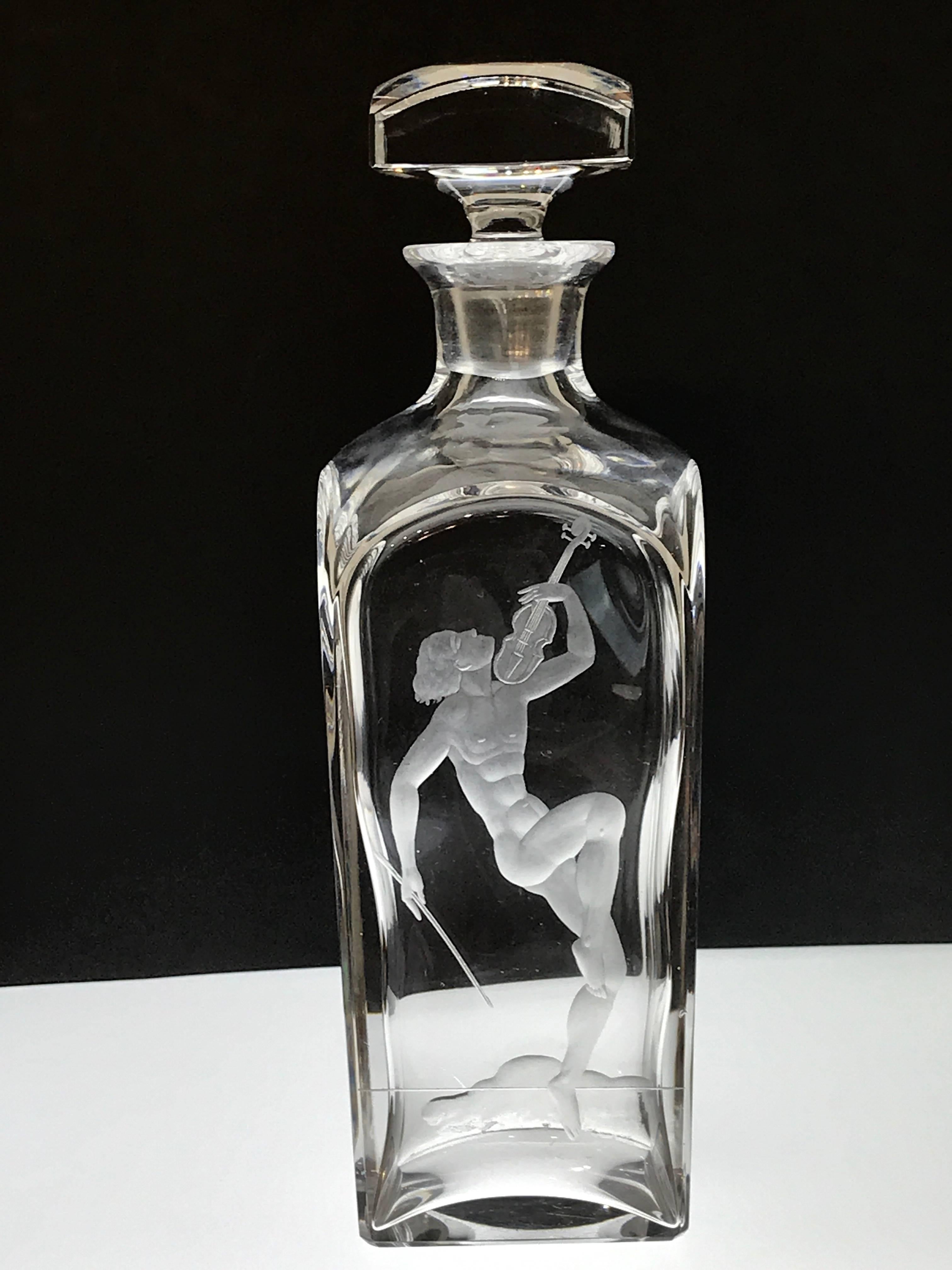 Mid-20th Century Male Nude with Violin Decanter, in the Style of Vicke Lindstrand