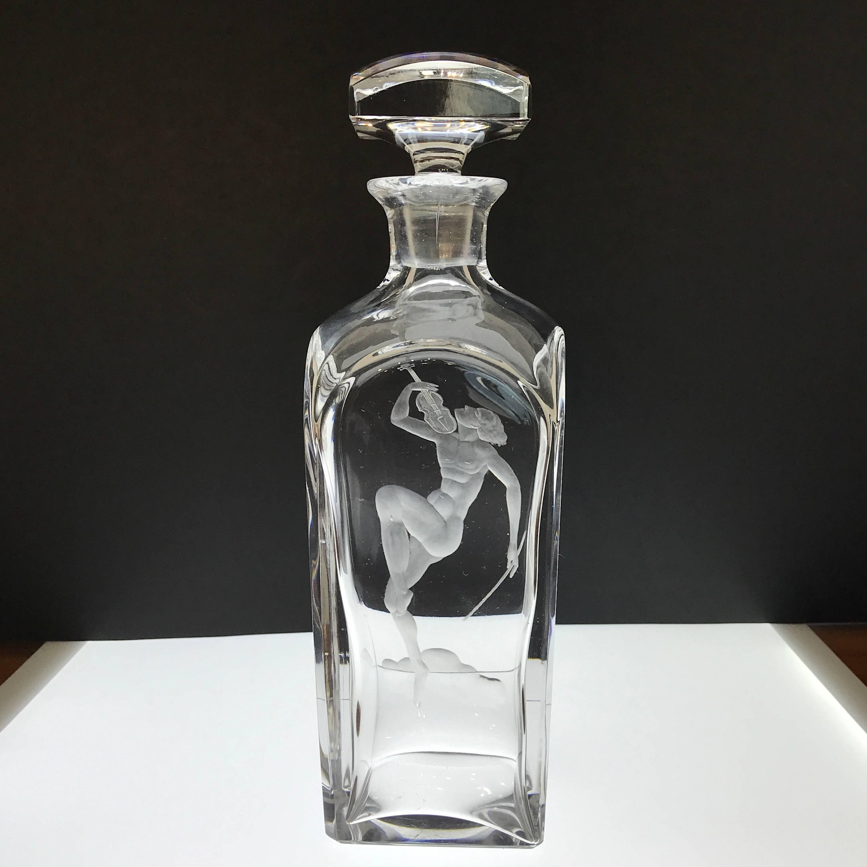 Crystal Male Nude with Violin Decanter, in the Style of Vicke Lindstrand