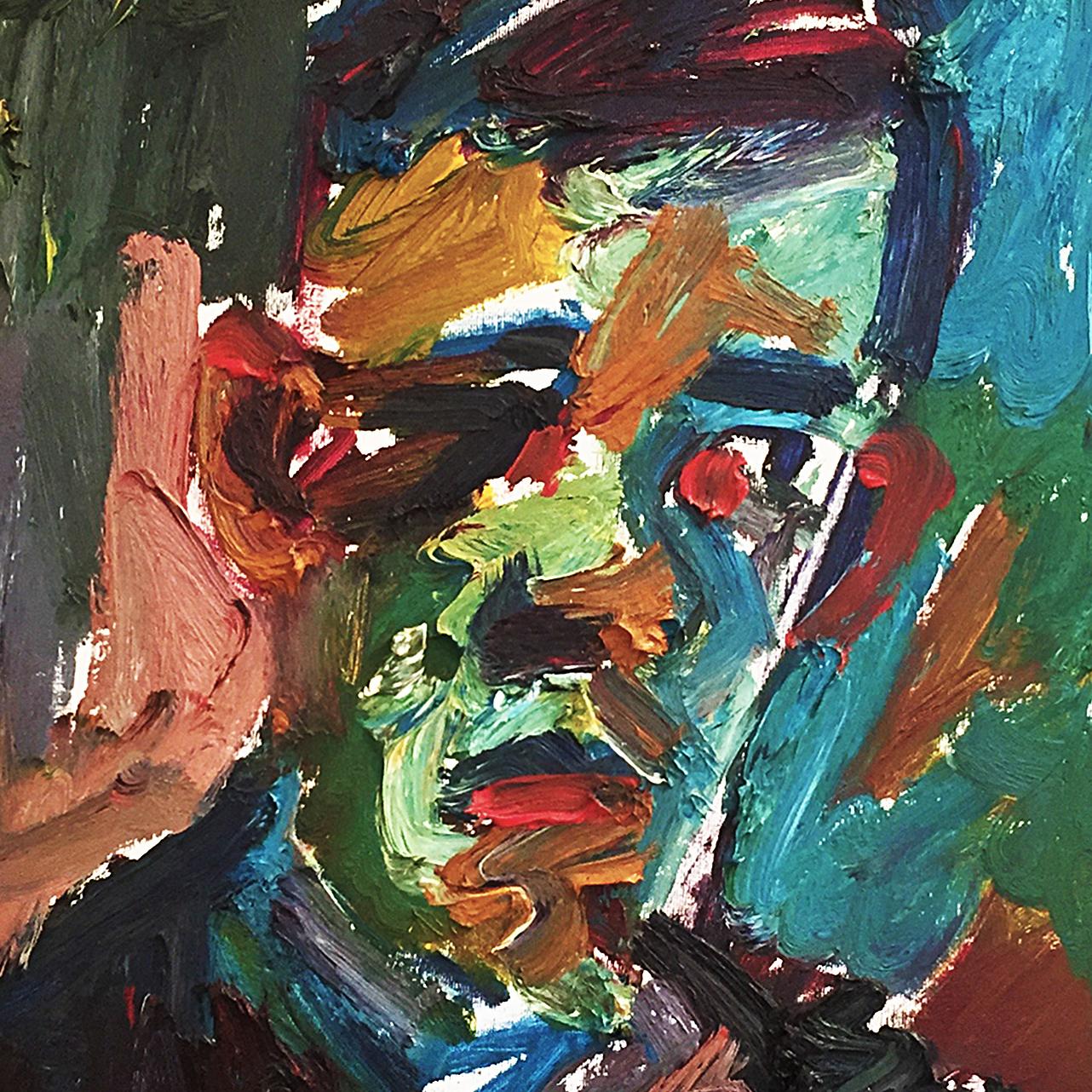 A vibrant and boldly painted male portrait of a young man by Adrian Johnson (b.1960). Thick brushstrokes and strong colors compose an abstract male portrait with strong characteristics. Adrian Johnson has a distinctive bold style with his male