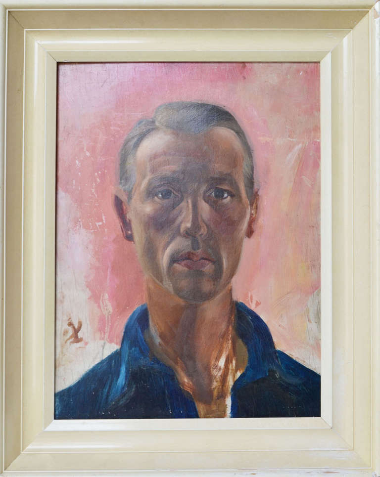 A signed portrait of a sun tanned man. It is realistic in style and is oil painted on wood.