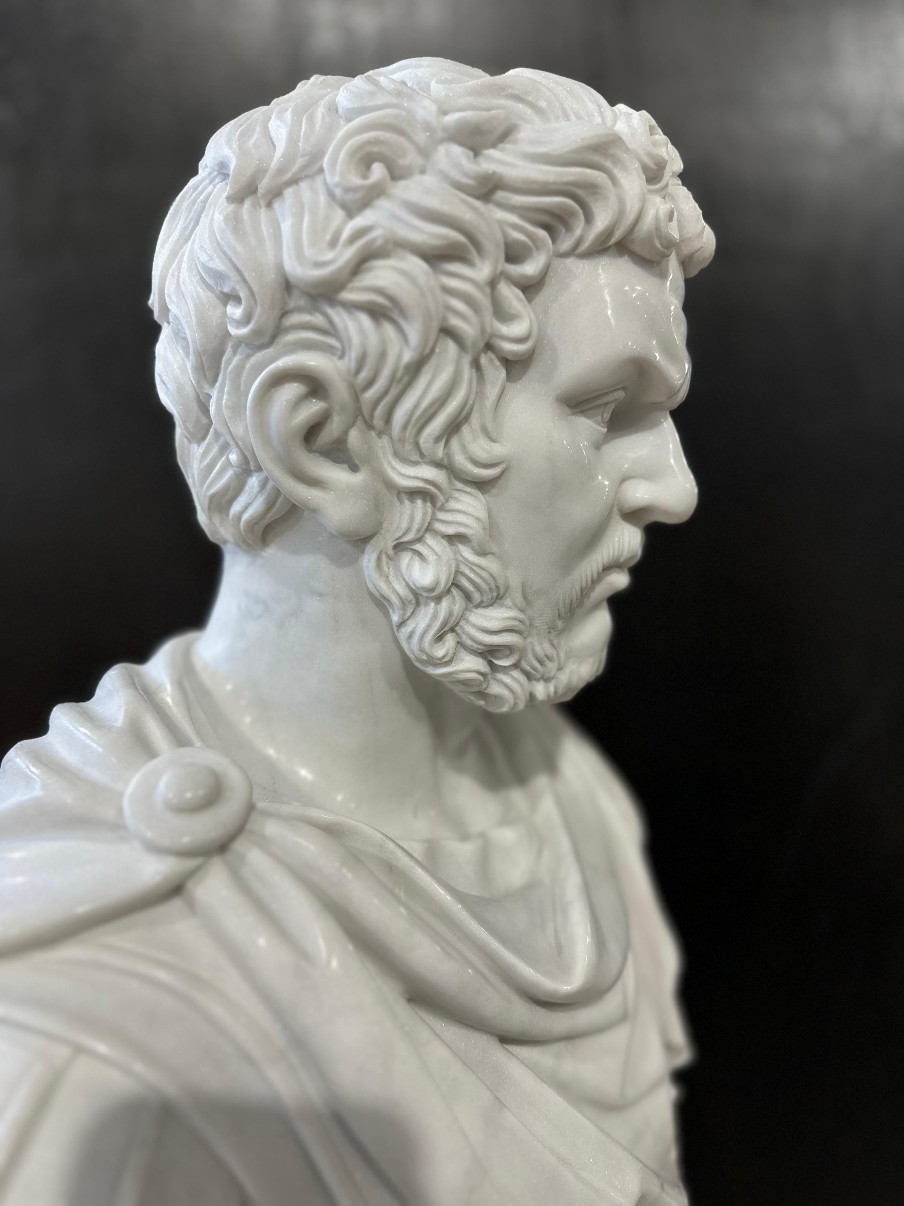 European Male Roman Style Carrara Marble Bust For Sale