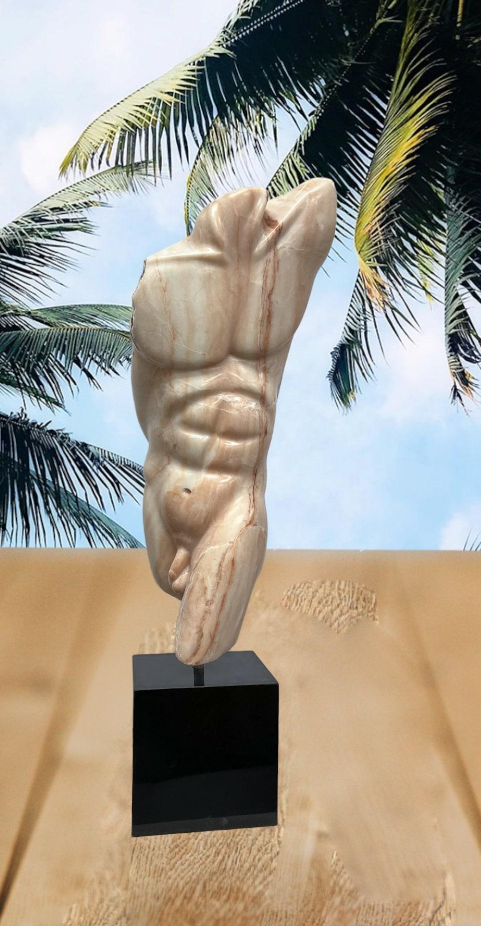 Carved Male Torso in Pink Marble by Sculptor Bryan Ross
