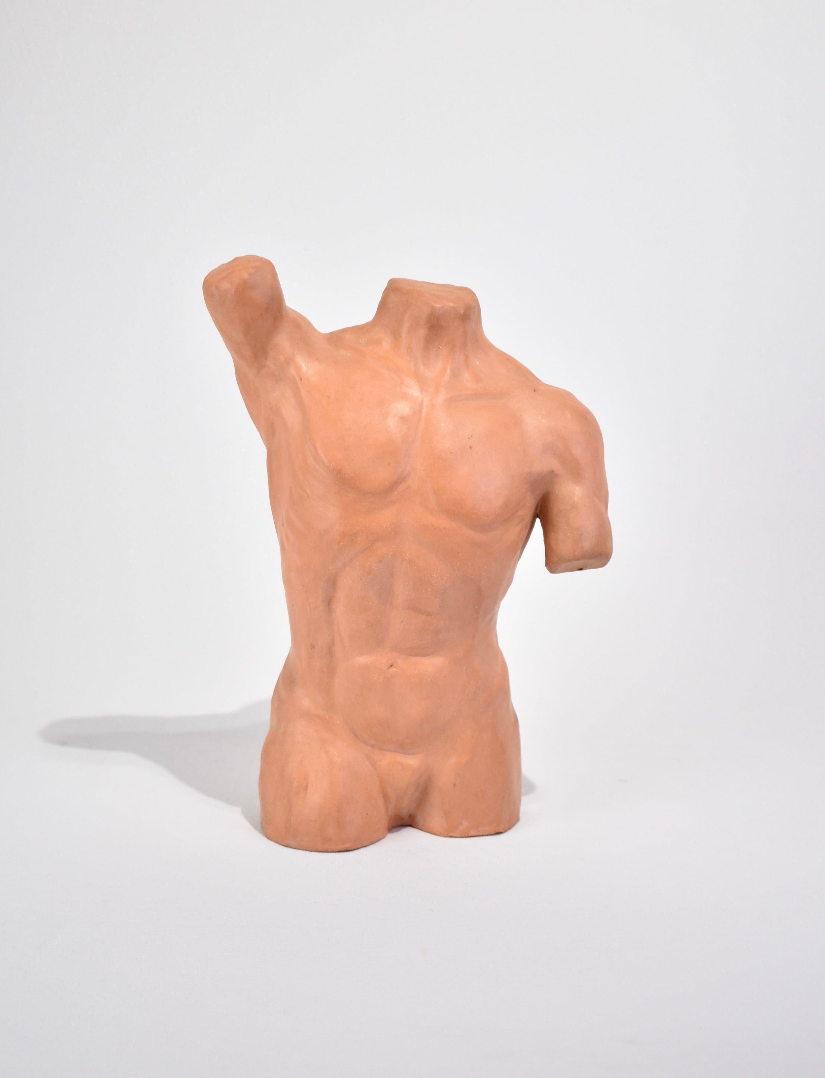 Vintage, handmade male torso sculpture in terracotta.