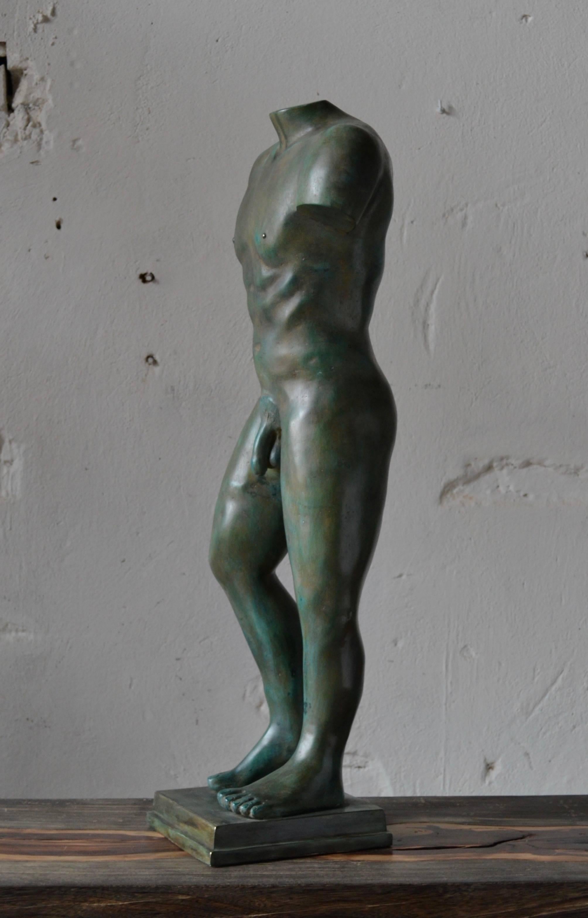 Molded Male Torso Sculpture in Patinated Bronze For Sale