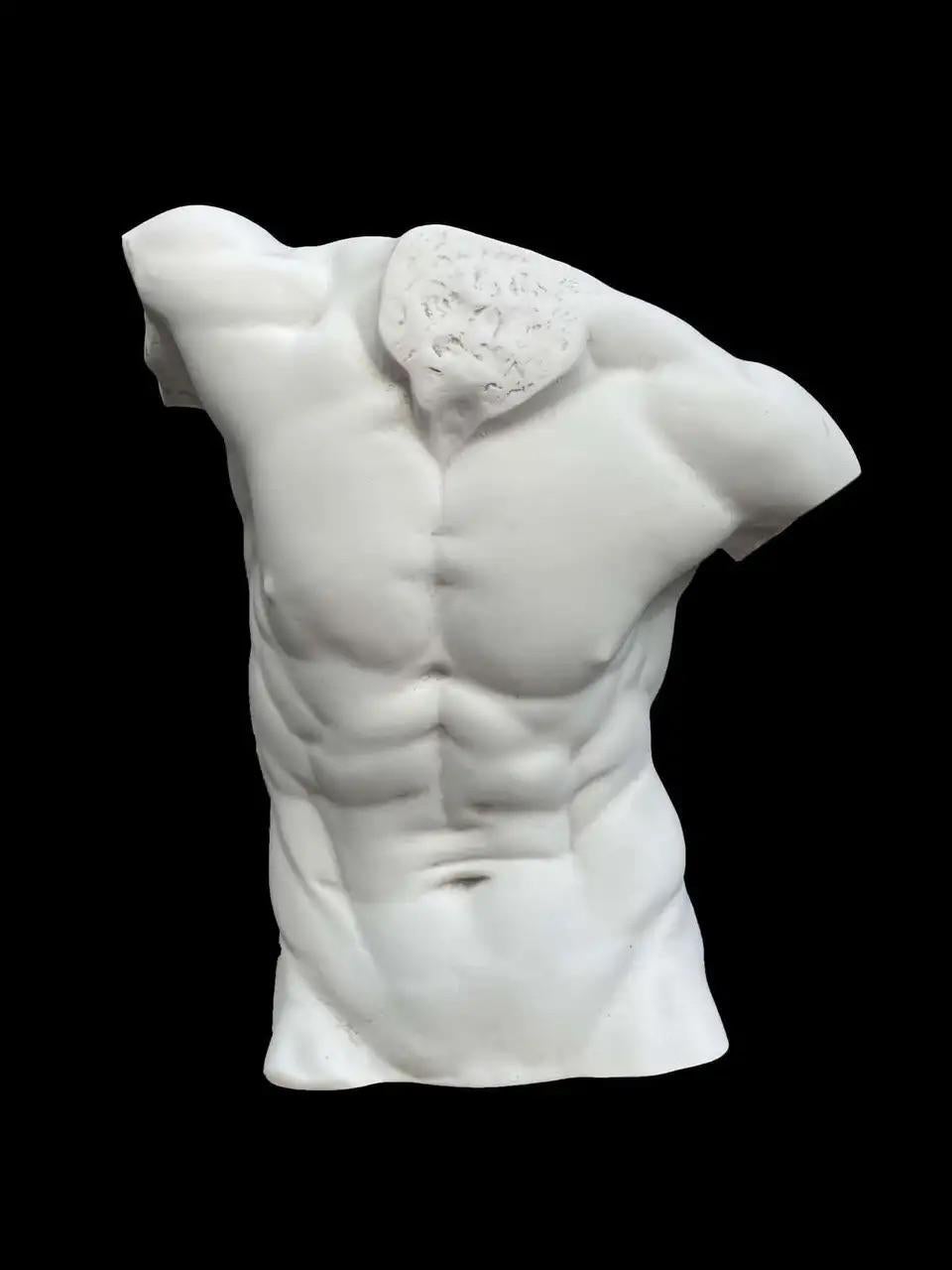 This large male torso statue resembles the classical movement of the famous Laocoön and Belvedere torso in the Vatican Museums. Stunningly well executed, this marble sculpture of a naked male torso has incredible details at the back and front