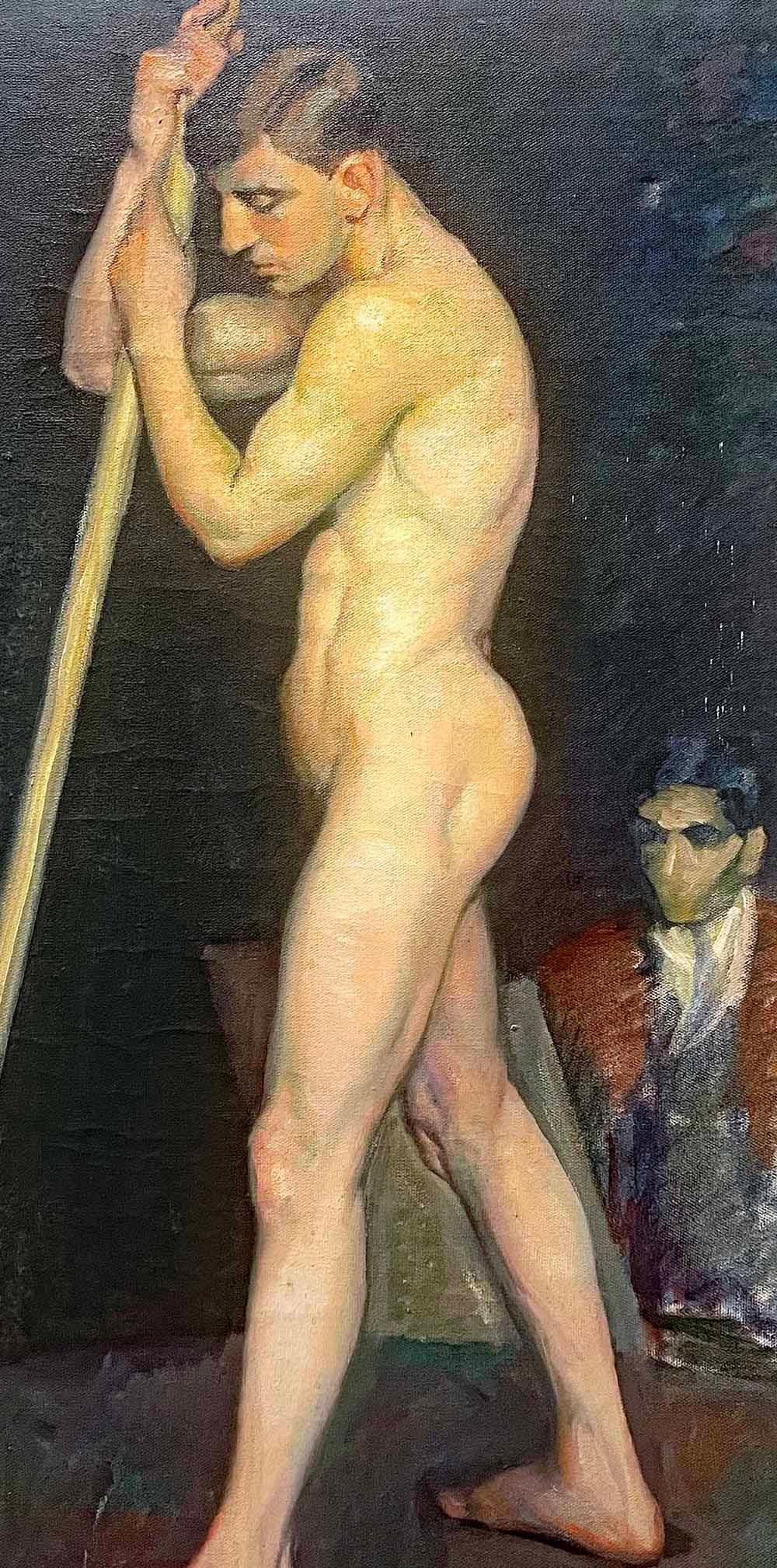 Sensitively painted with a rich but subdued palette and dramatic lighting, this large painting of a male youth leaning on a long pole was made by Sigvard Mohn, a Minnesota-born artist of Norwegian extraction. Little is known about his career, and