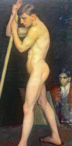 "Joven masculino con bastón", magnífica pintura de desnudo masculino de Sigvard Mohn, década de 1910