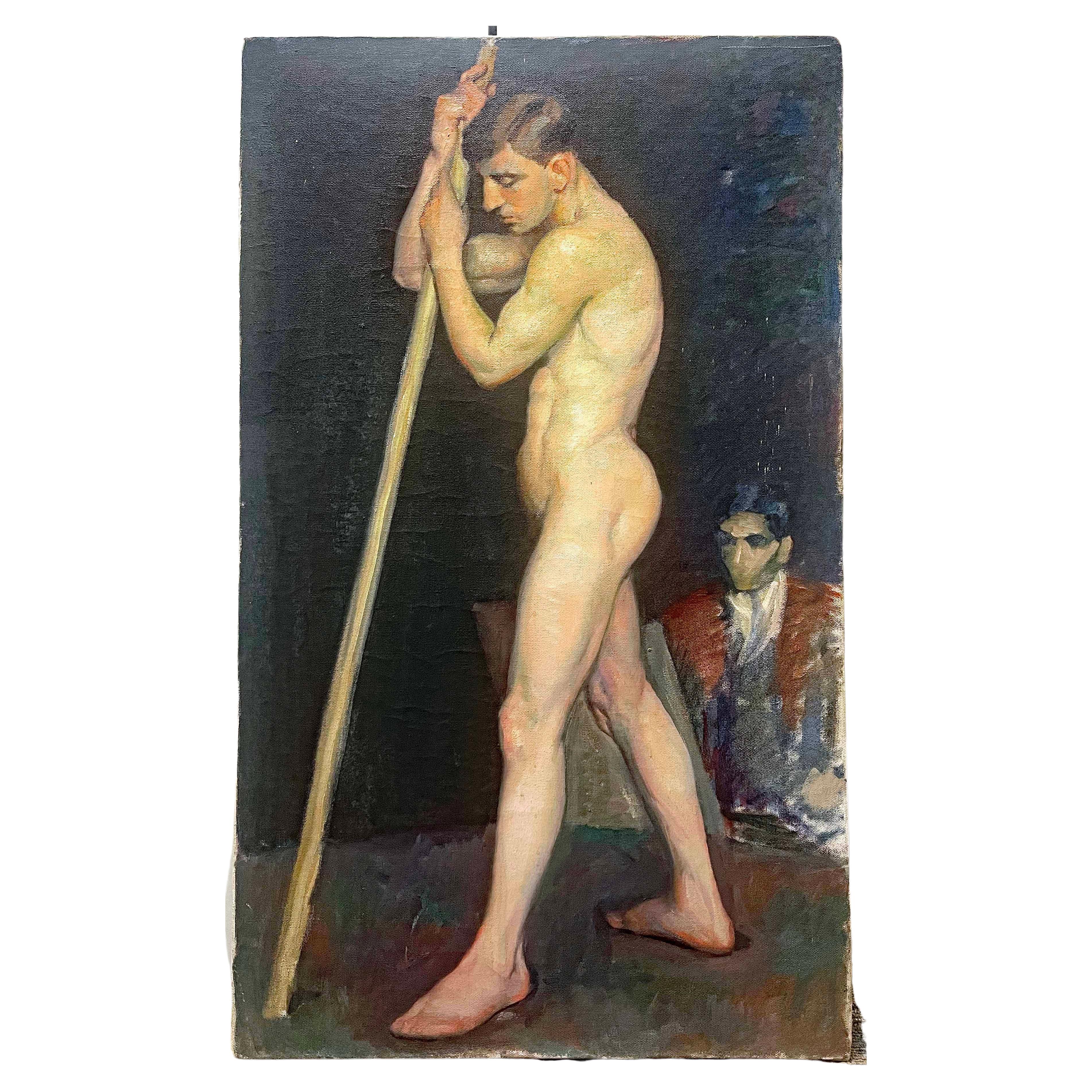 "Male Youth with Pole", Superb Painting of Male Nude by Sigvard Mohn, 1910s For Sale