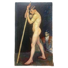 "Male Youth with Pole", Superb Painting of Male Nude by Sigvard Mohn, 1910s