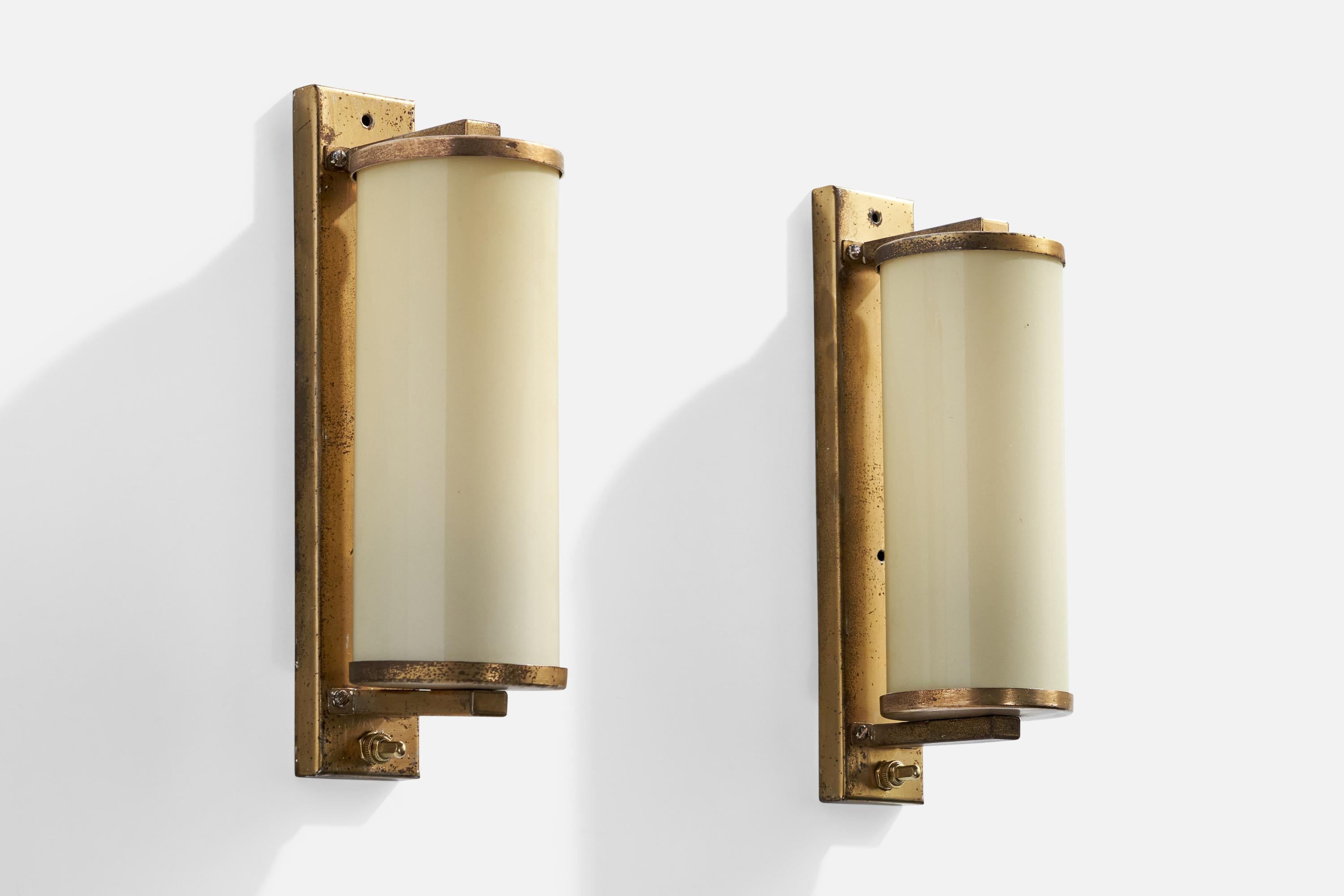 A pair of brass and white opaline glass wall lights designed and produced by Malecor, Germany, c. 1950s.

Overall Dimensions (inches):  10.75” H x  3.25” W x  4.75“D

Back Plate Dimensions (Inches):  10.75” H x 2.125” W x .625” D

Bulb