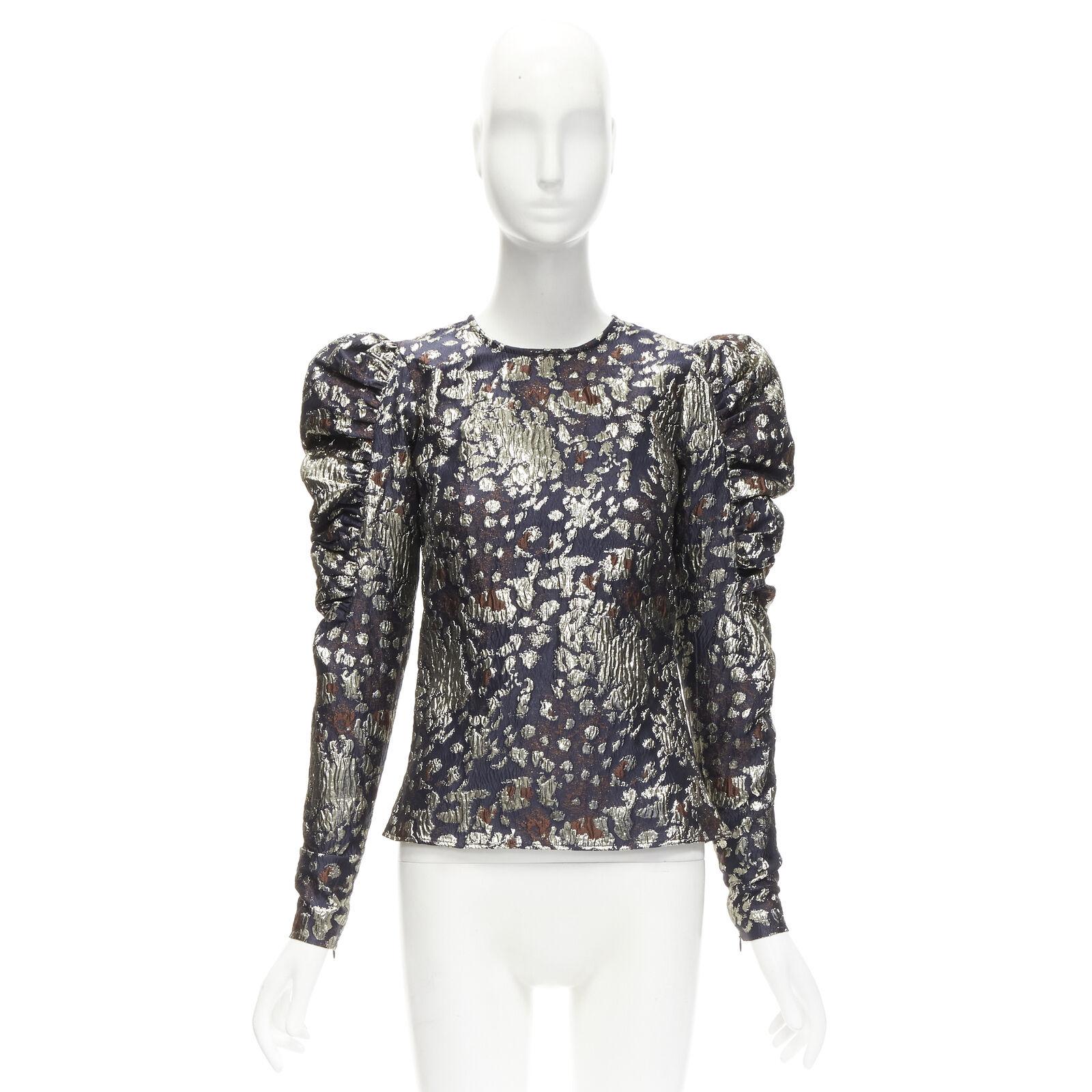 MALENE BIRGER black gold jacquard puff sleeve evening blouse top FR34 XS For Sale 5