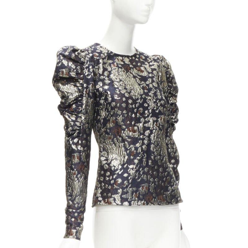 Noir MALENE BIRGER blouse de soirée à manches bouffantes en jacquard noir et or FR34 XS en vente