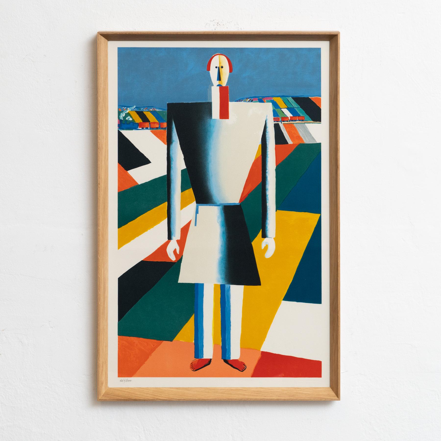 Large framed Lithograph of Kazimir Severínovich Malevich’s painting 'Peasant in the Fields', circa 1929.

Printed by Atelier Mourlot, the famed Parisian printers noted for their close collaboration with artists.
Commissioned by the Galerie Gerard