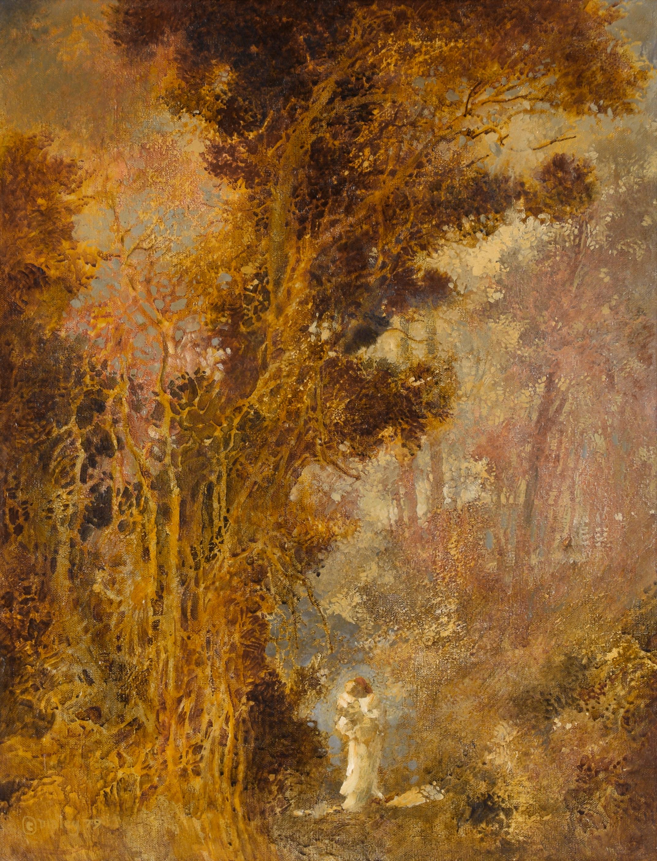 Donna e bambino nel bosco - Paesaggio astratto di metà secolo in olio su tela - Painting di Maley