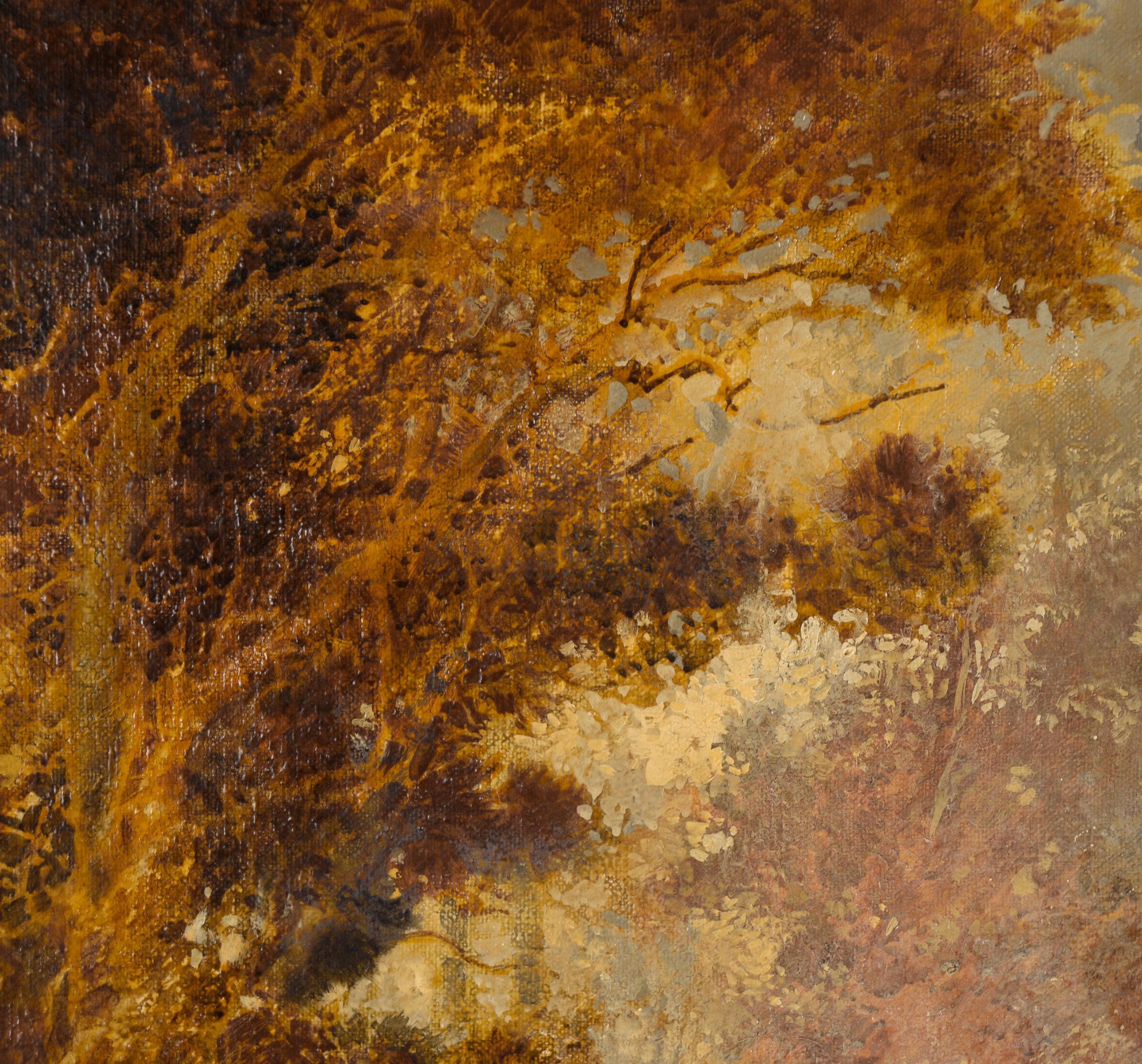 Donna e bambino nel bosco - Paesaggio astratto di metà secolo in olio su tela - Landscape Painting Marrone di Maley