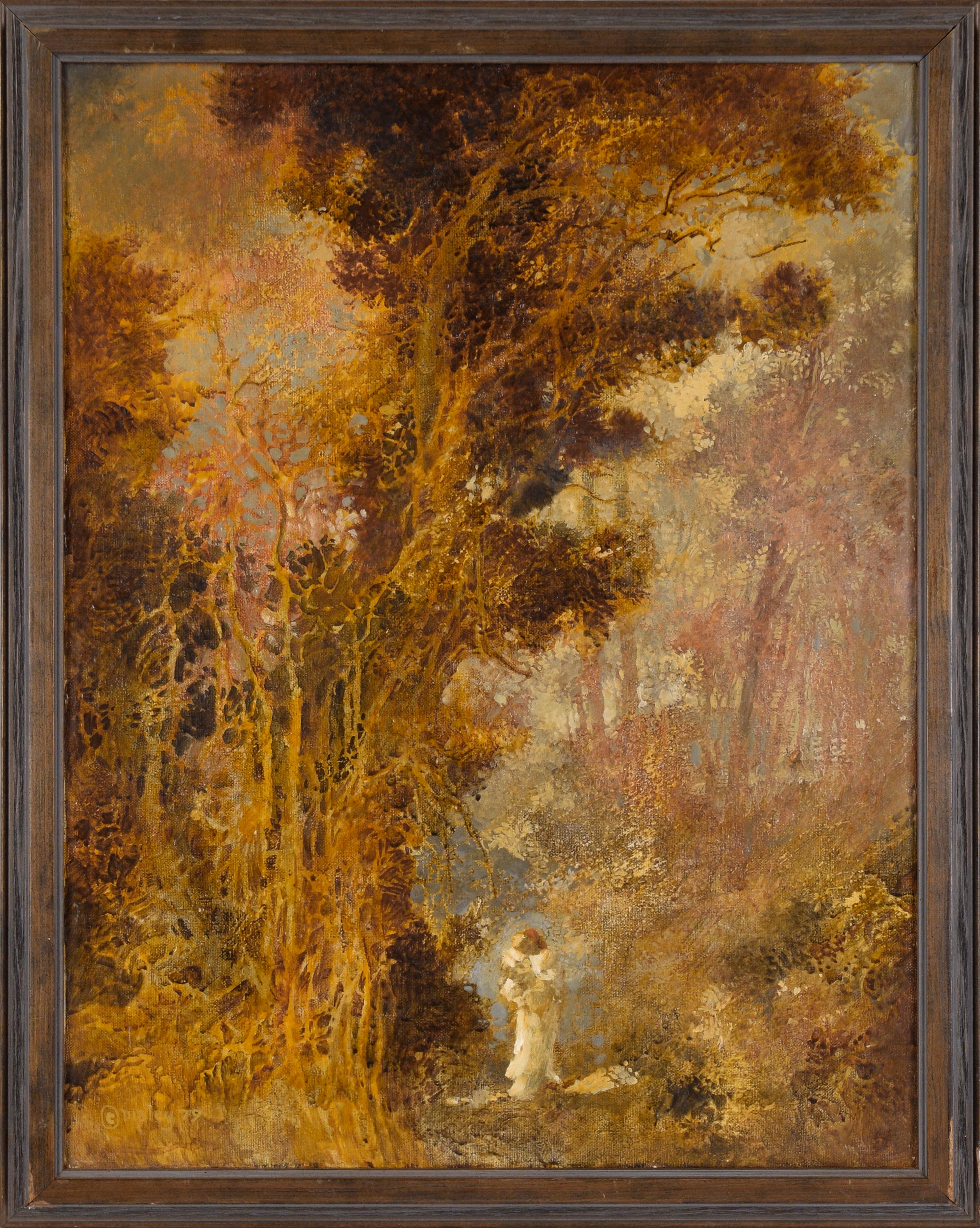 Woman and Child in the Woods - Paysage abstrait du milieu du siècle dernier, huile sur toile