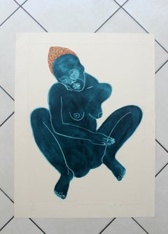 Tsarina - 21 century, Figurative nude print, Mixed media, Blue