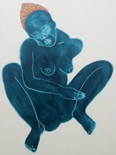 Tsarina - 21 century, Figurative nude print, Mixed media, Blue