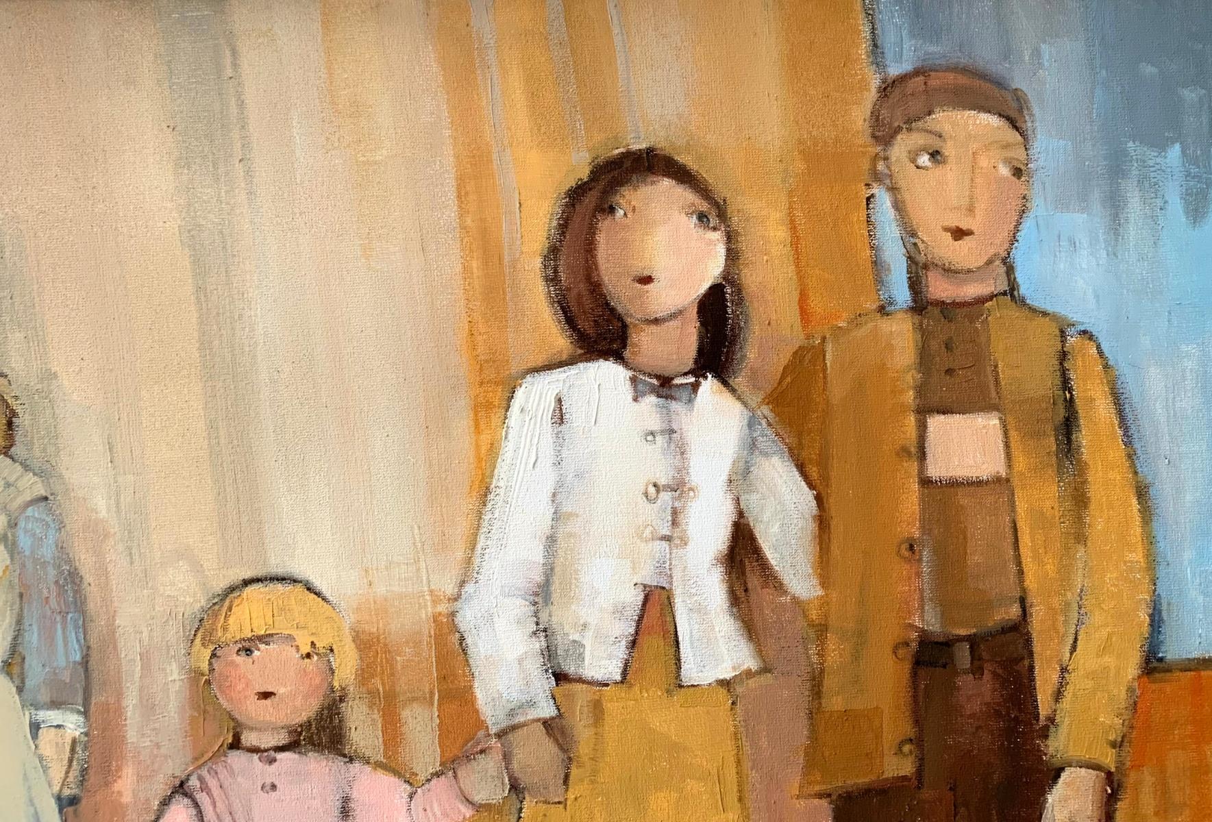 Contemporary figurative oil on canvas painting by Polish artist Malgorzata Rozmarynowska. The artwork shows family of five, parents with three children. They are standing in one line. Colors of the painting are warm, main color is yellow.
