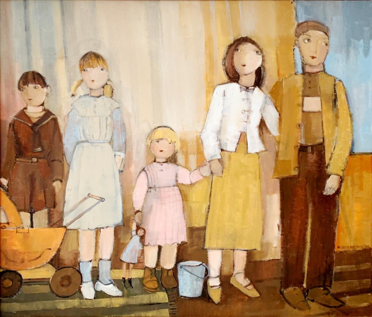 Malgorzata Rozmarynowska Interior Painting - A Family. Contemporary Figurative Oil Painting, Warm colors, Polish artist