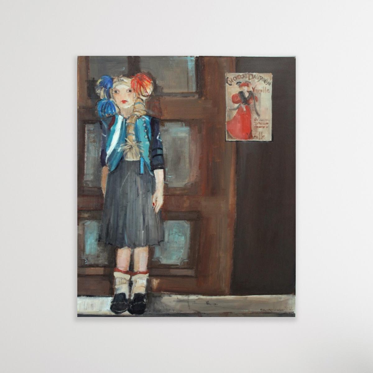 Girl with Pompoms - 21. Jahrhundert, Zeitgenössisches figuratives Ölgemälde (Grau), Portrait Painting, von Malgorzata Rozmarynowska