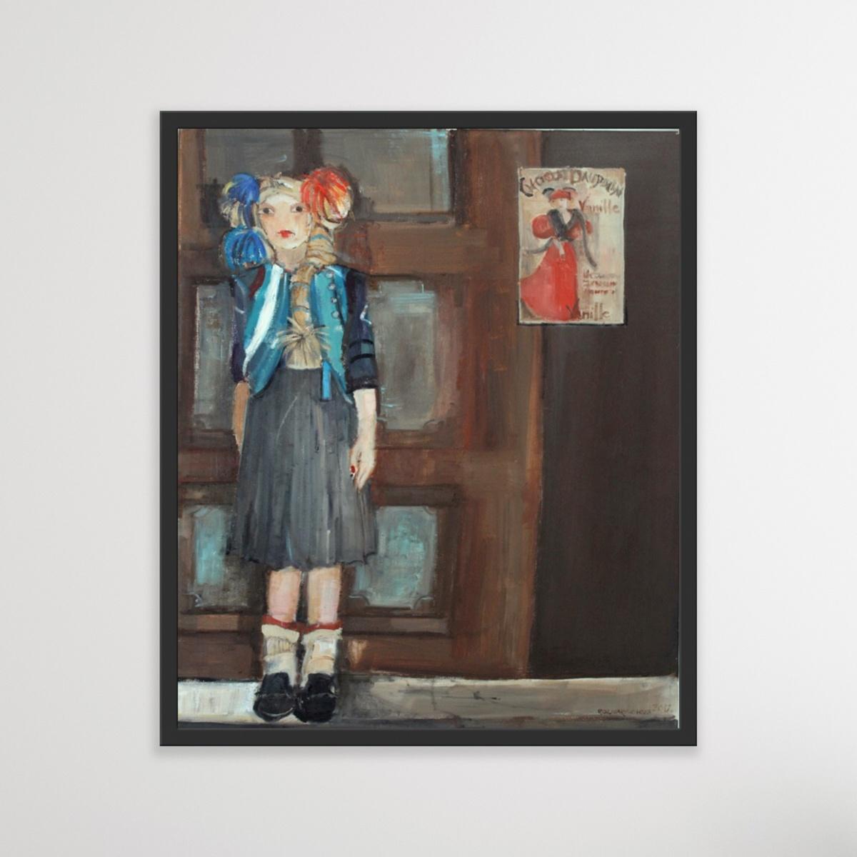 Girl with pompoms - XXI Century, Contemporary Figurative Oil Painting - Gray Portrait Painting by Malgorzata Rozmarynowska