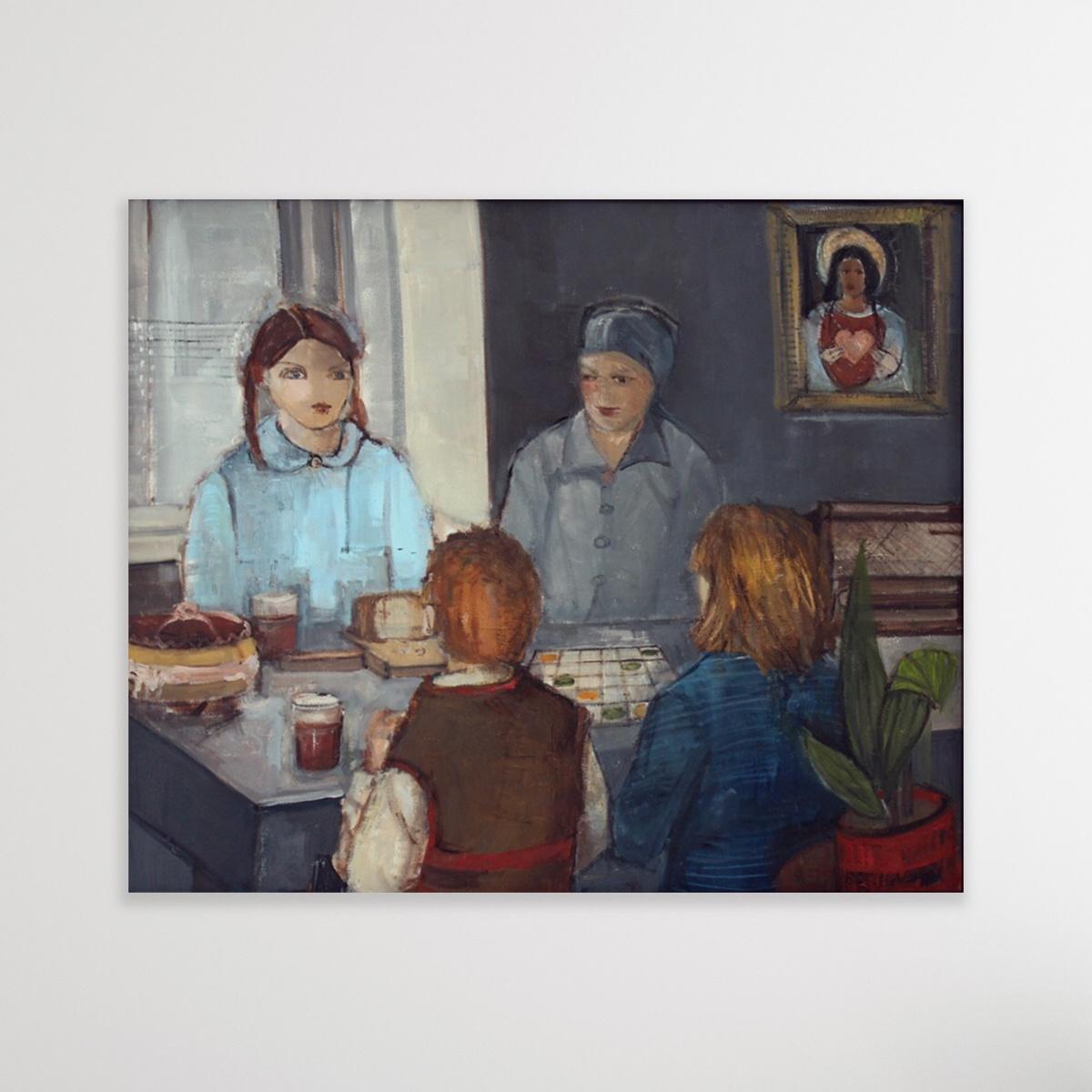 Players - XXI Century, Contemporary Figurative Oil Painting, Interior, Family - Black Figurative Painting by Malgorzata Rozmarynowska