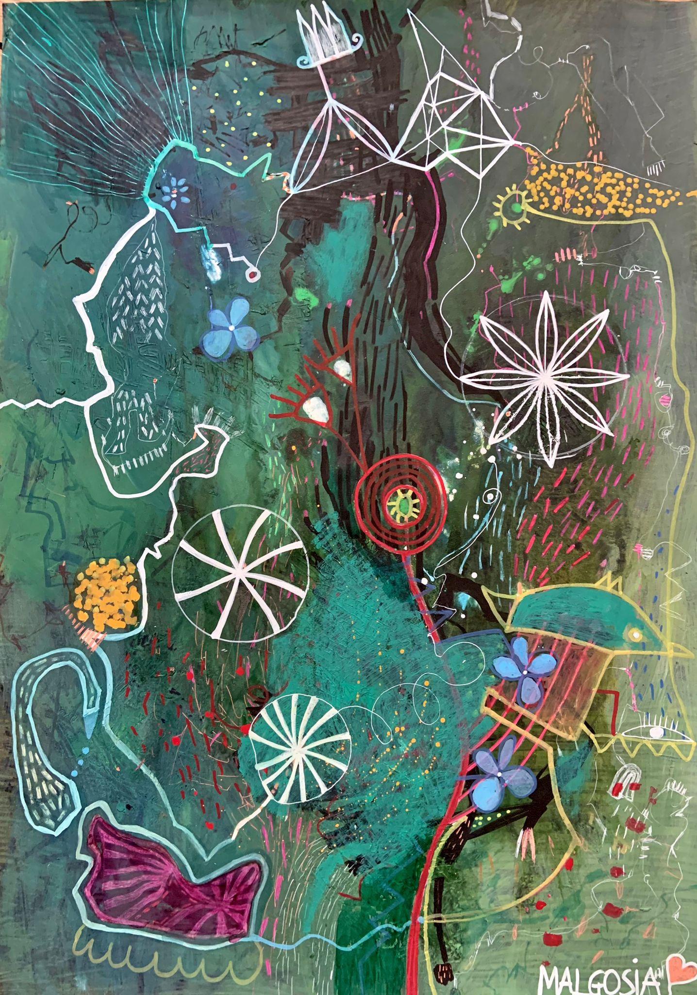 Dimond Carpet Green Abstract on Paper - Mixed Media Art by Malgosia Kiernozycka