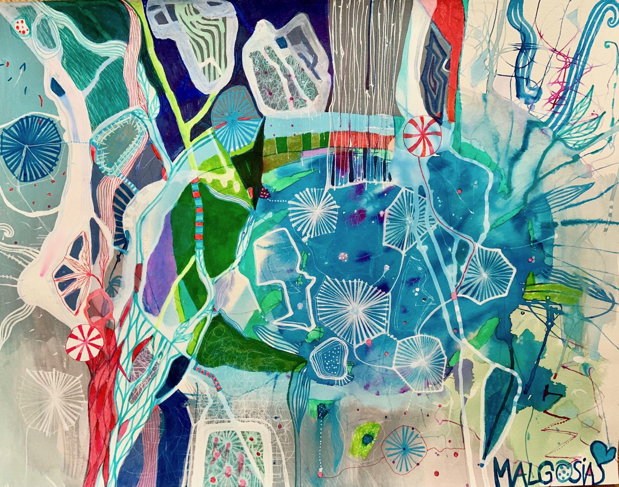 Diving In The Blue Abstrakt auf Papier (Abstrakter Expressionismus), Mixed Media Art, von Malgosia Kiernozycka