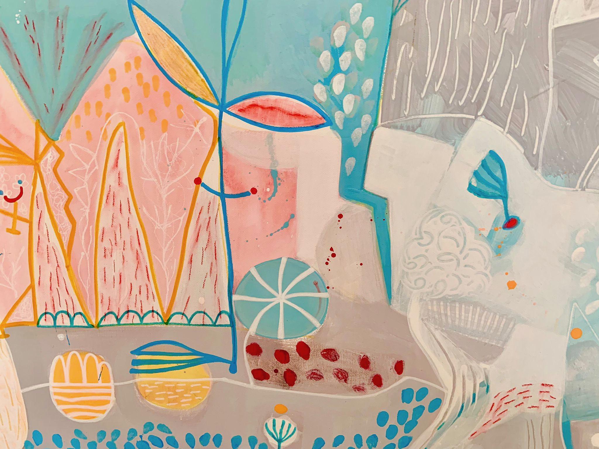 Angeli in città Pittura astratta figurativa - Abstract Painting Grigio di Malgosia Kiernozycka