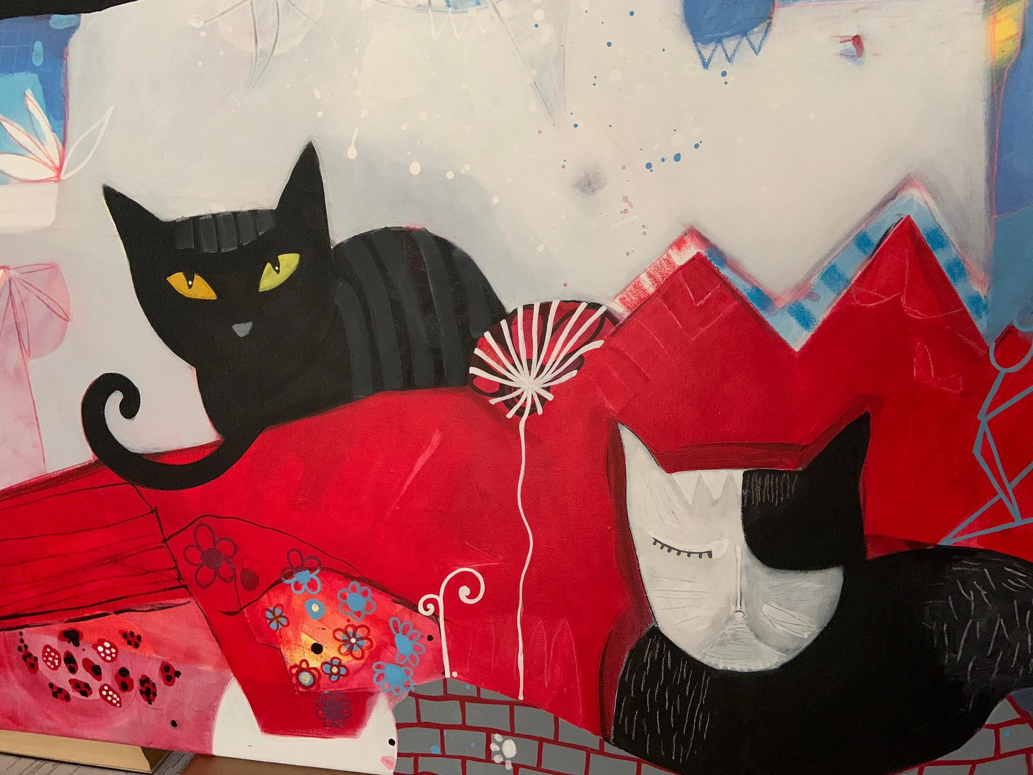 Cats On The Roof Large Painting With Cats In Abstraction
Do to the size we will ship the painting rolled up with out the stretcher. 
Malgosia Kiernozycka was born in Wroclaw, Poland. She graduated high school at the School of Fine Arts and received