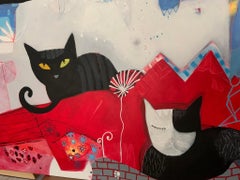 Cats On The Roof Large Painting With Cats In Abstraction