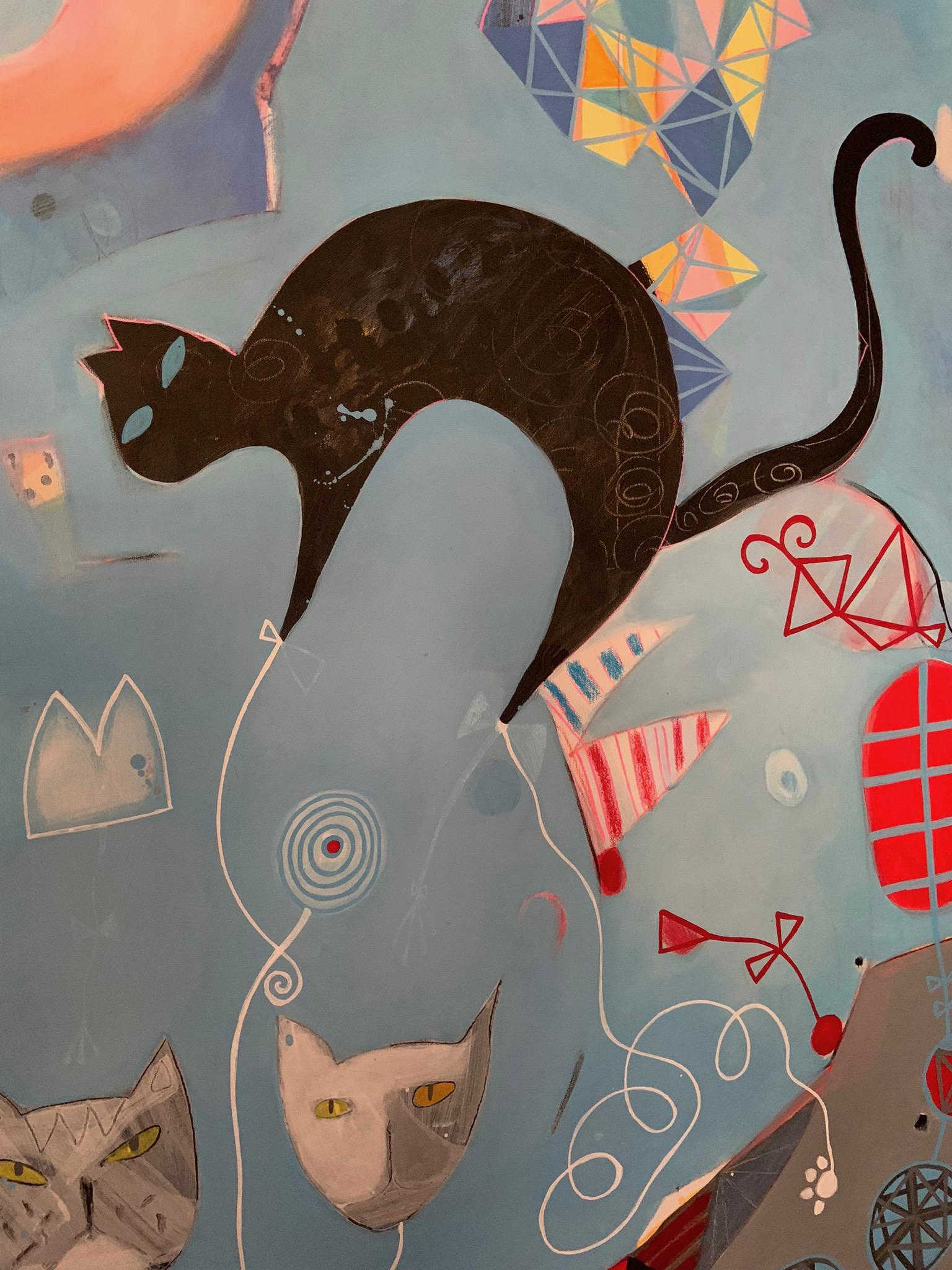 Cats On The Roof Large Painting With Cats In Abstraction For Sale 1