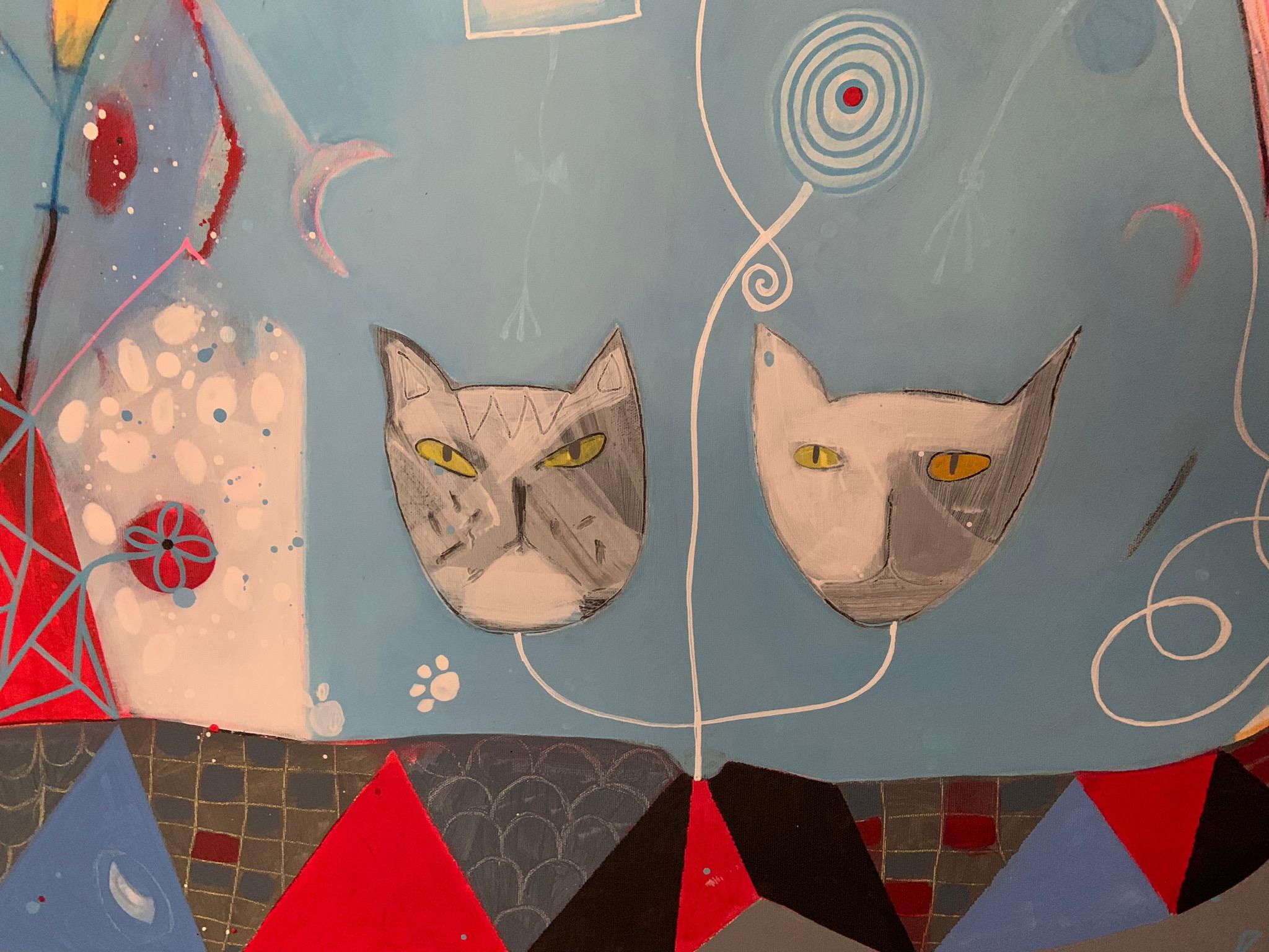 Cats On The Roof Large Painting With Cats In Abstraction For Sale 5