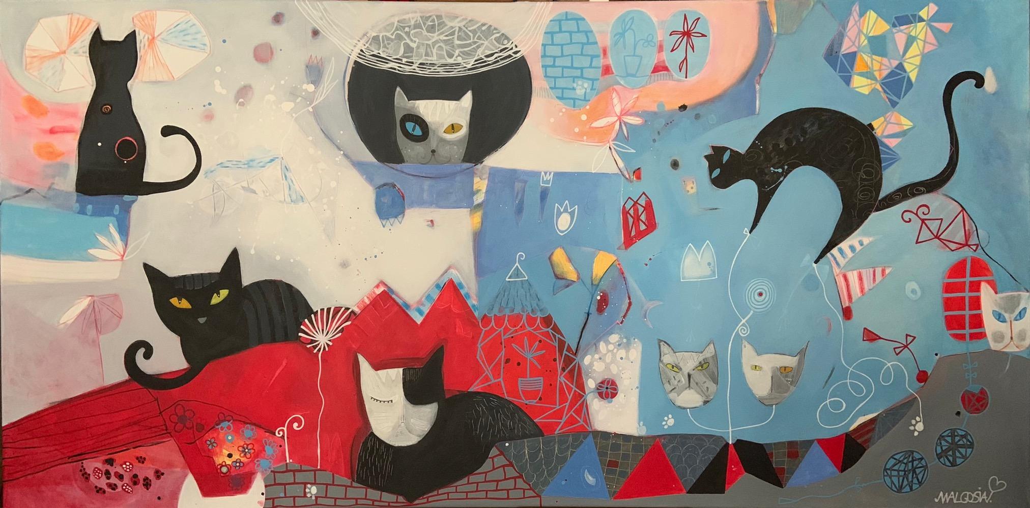 Malgosia Kiernozycka Figurative Painting - Cats On The Roof Large Painting With Cats In Abstraction