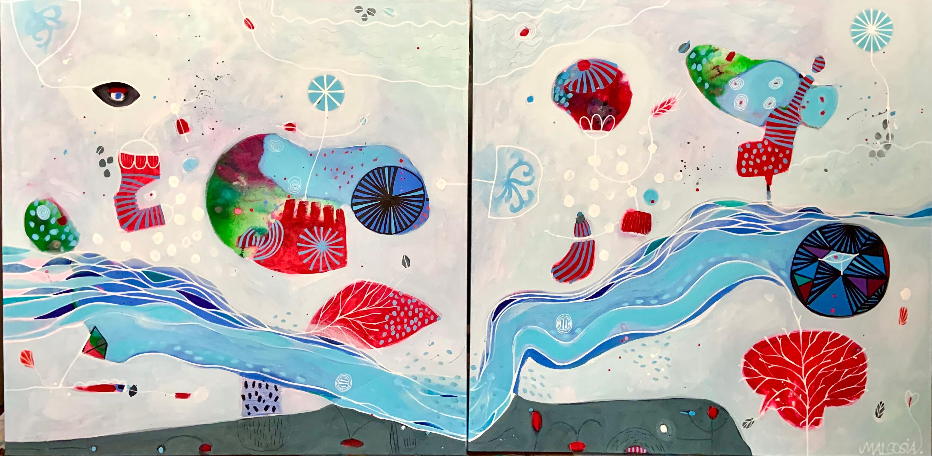 River Of Joy Diptych Abstract Painting
 2023 
Artist signed, acrylic on canvas each 31x31
Malgosia Kiernozycka was born in Wroclaw, Poland. She graduated high school at the School of Fine Arts and received a scholarship from the Minister of Culture