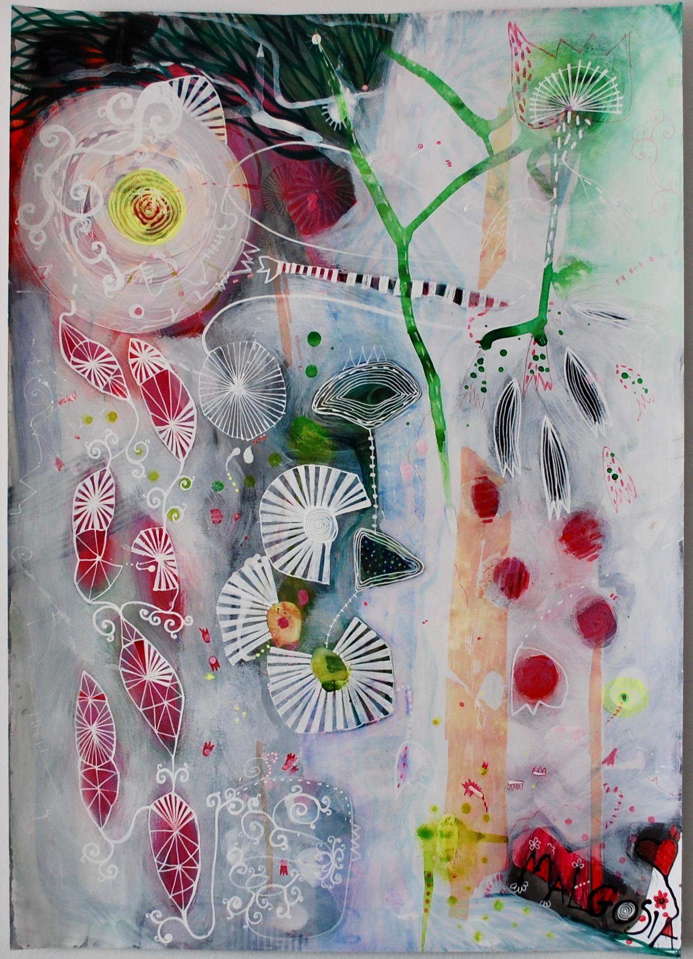 Malgosia Kiernozycka Abstract Painting - Wild Strawberries Mixed Media on Paper