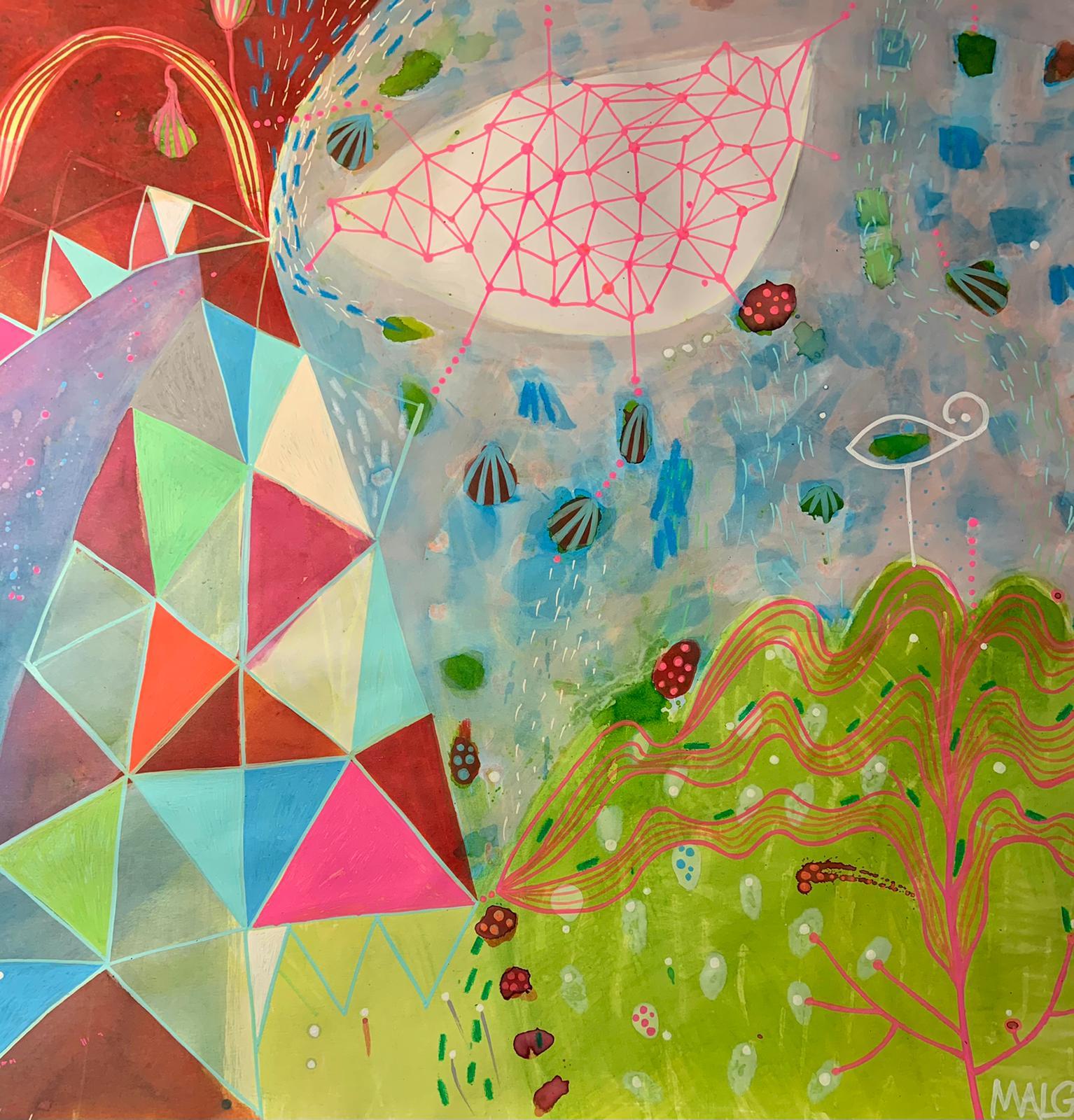 Winding Hills Mixed-Media-Gemälde auf Papier (Beige), Abstract Painting, von Malgosia Kiernozycka