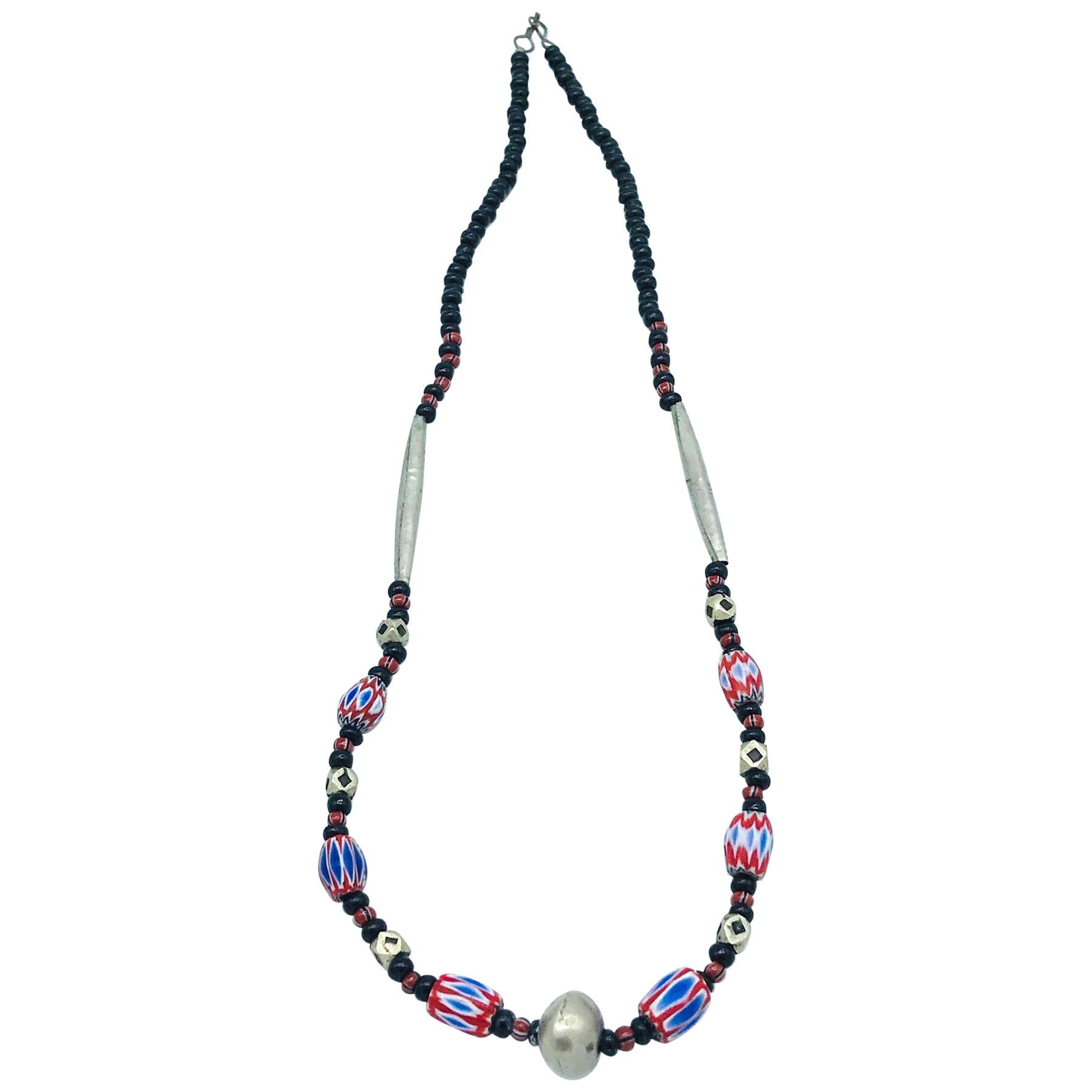 Mali Africa, Hand Red-White Blue Painted Bead Necklace 19 For Sale