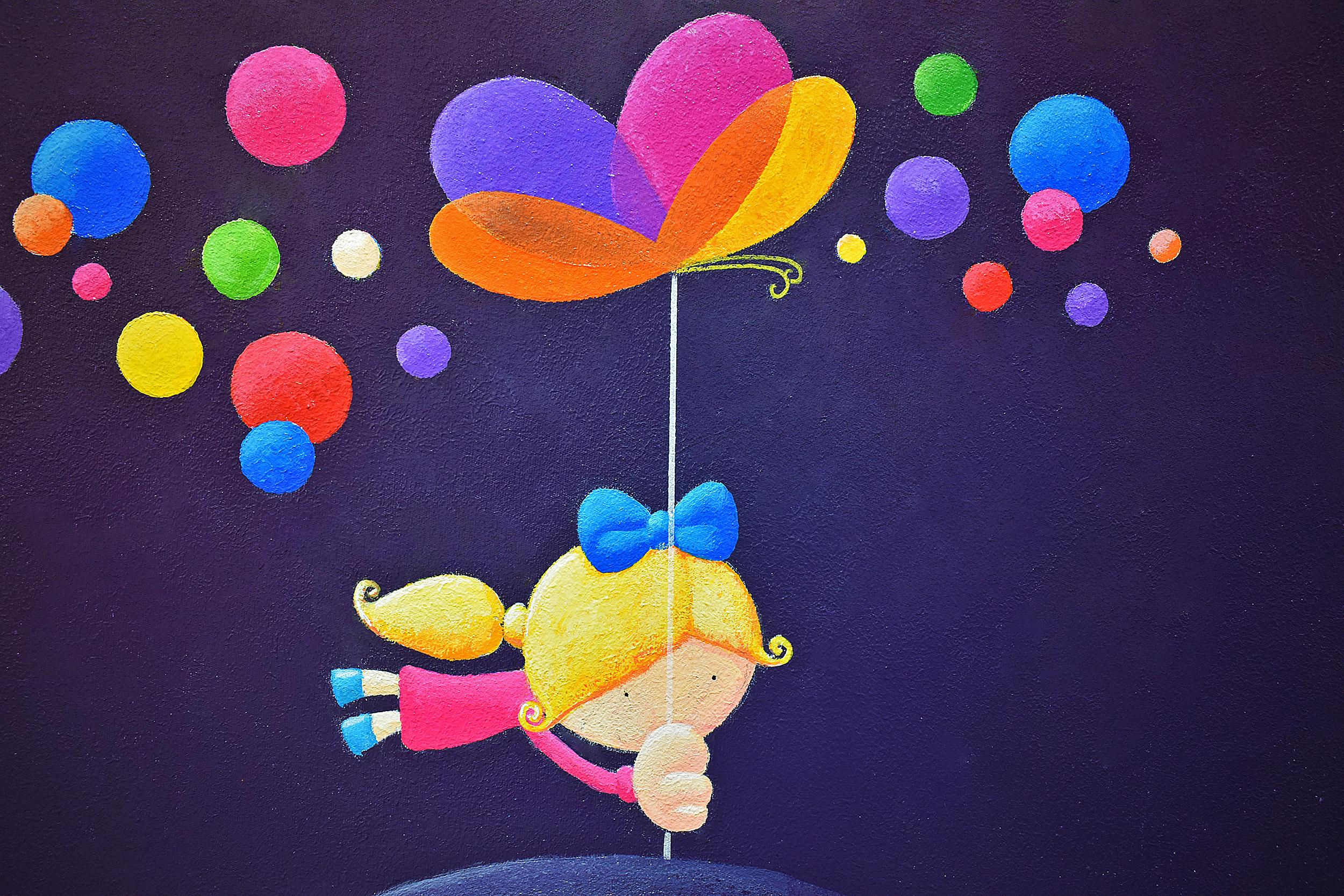 Ich bin glücklich, bunte Pop-Art, Träume von Kindern, Freiheit, Glück – Painting von Mali Onder